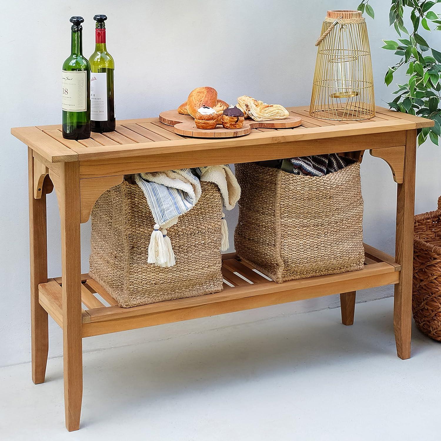 Natural Teak Outdoor Console Table with Lower Shelf