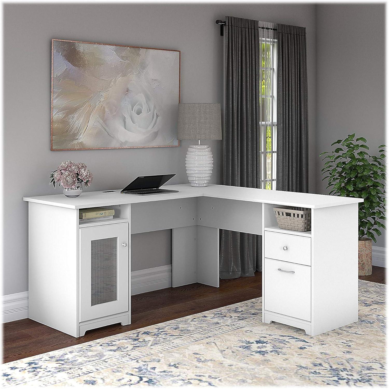 Bush Furniture Cabot 60" L Shaped Desk with Storage, White