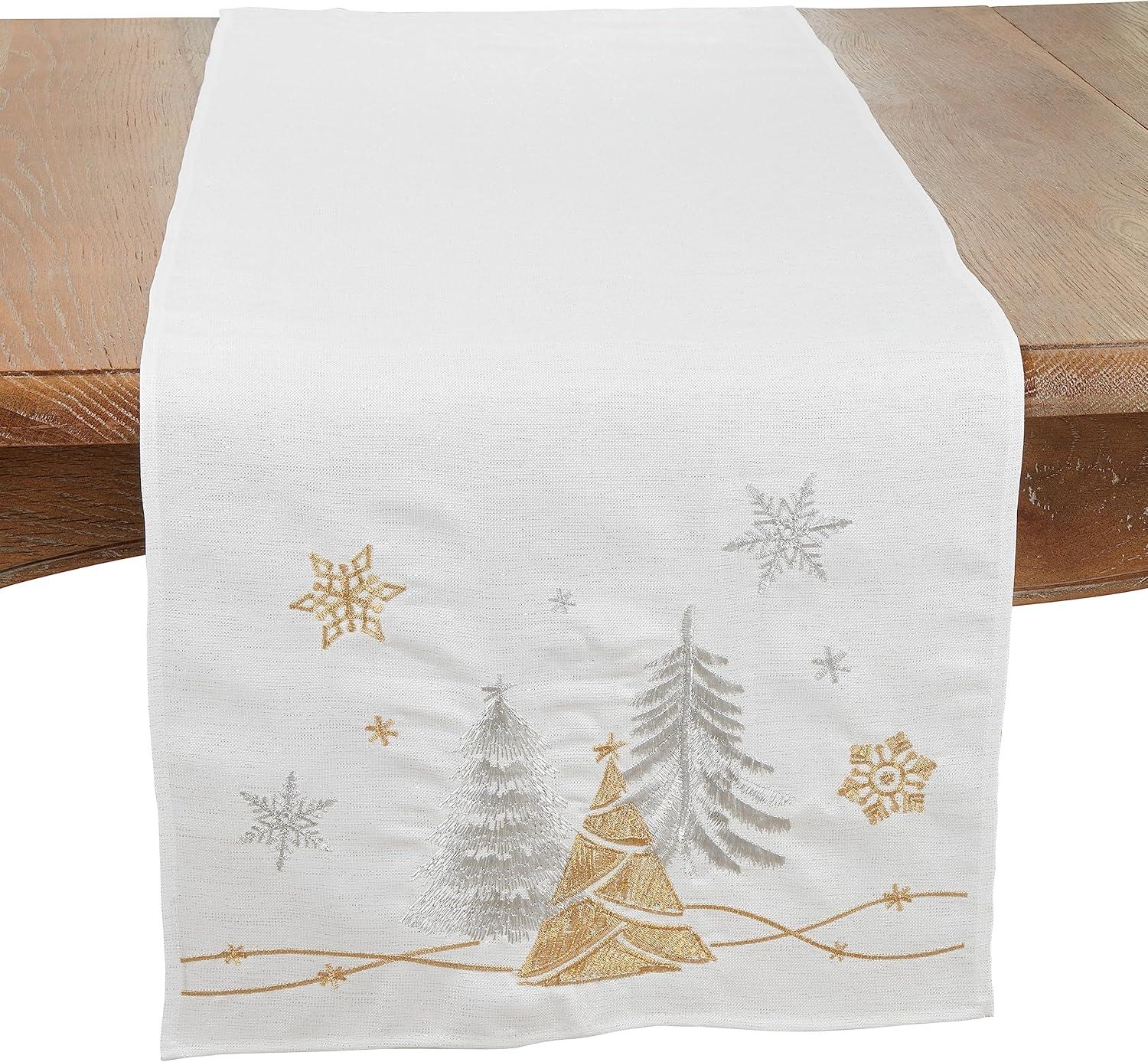 Saro Lifestyle Winter Wonderland Trees and Snowflakes Table Runner, 16"x72", White