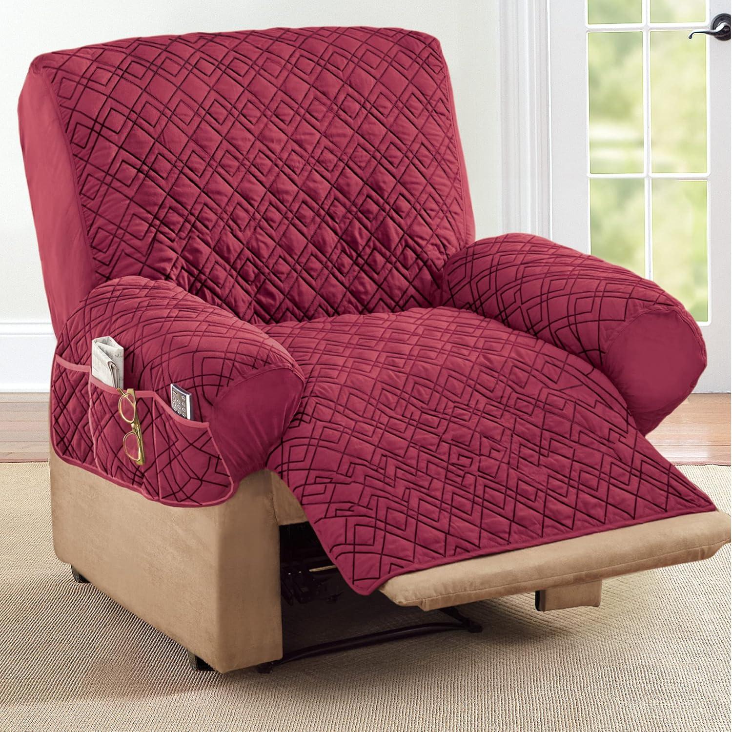 Collections Etc Diamond-Shape Quilted Stretch Recliner Cover with Storage Pockets - Furniture Protector