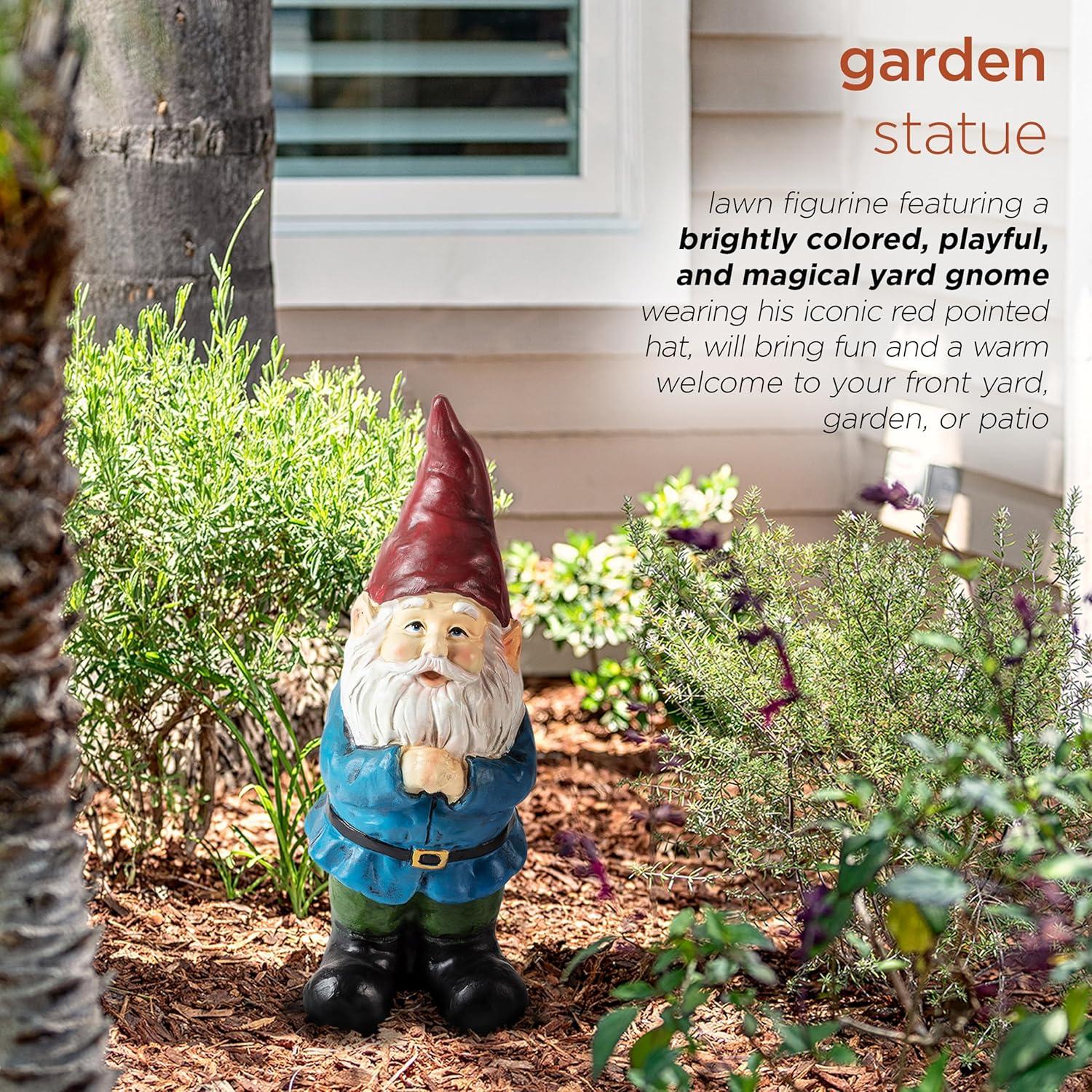 12" Polyresin Bearded Garden Gnome Statue With Red Hat - Alpine Corporation: Outdoor Lawn Decor, Solar Lighting Feature