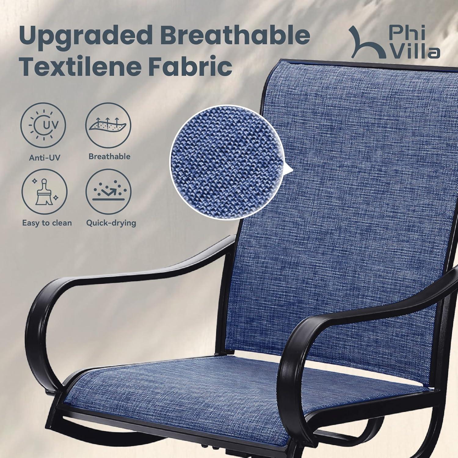 PHI VILLA 5 Piece Outdoor Patio Dining Set with 4 Swivel Dining Chairs & 1 Wood-Like Dining Table, All Weather Blue Textilene Mesh Fabric Chair and Square Metal Table for Deck Lawn Garden