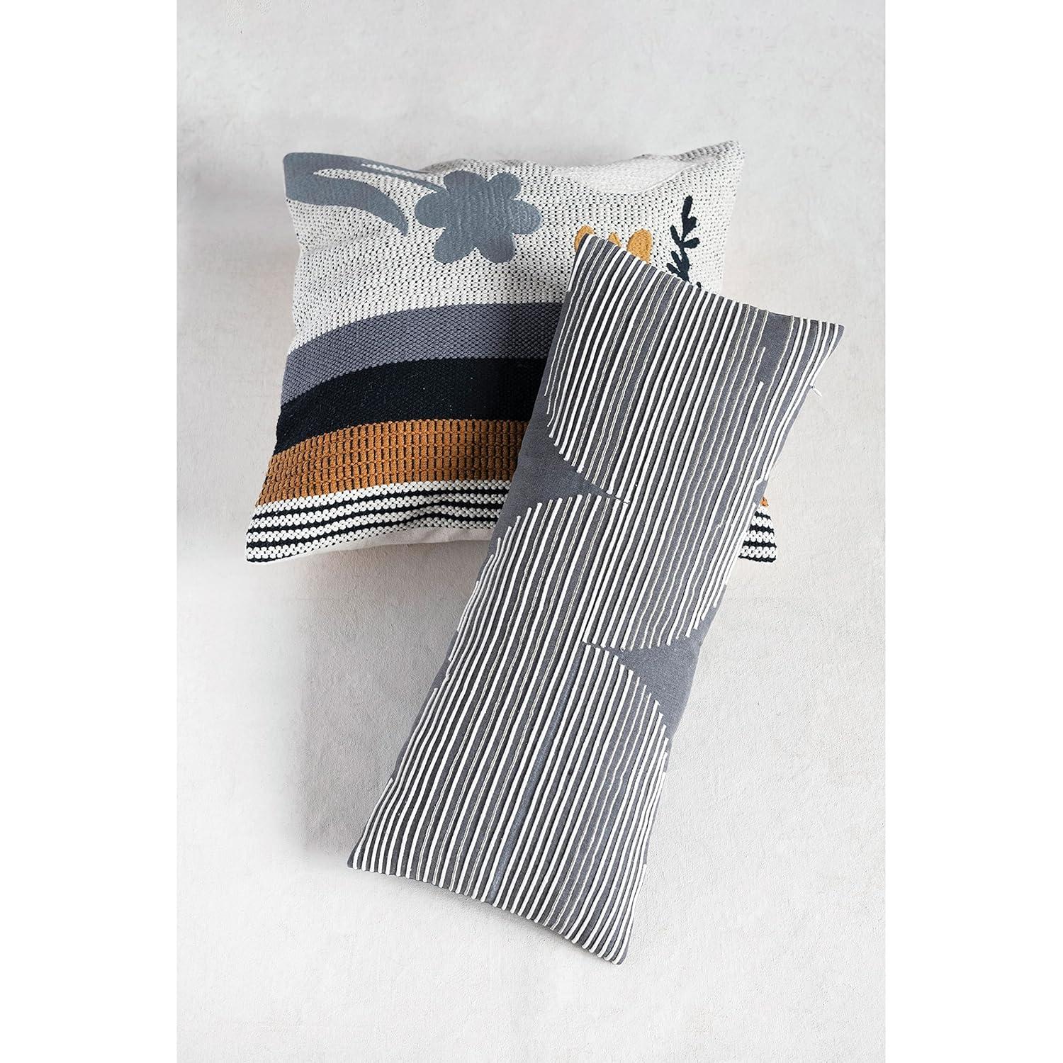 Creative Co-Op Cotton Lumbar Pillow with Gold Thread Embroidery and Rope Applique