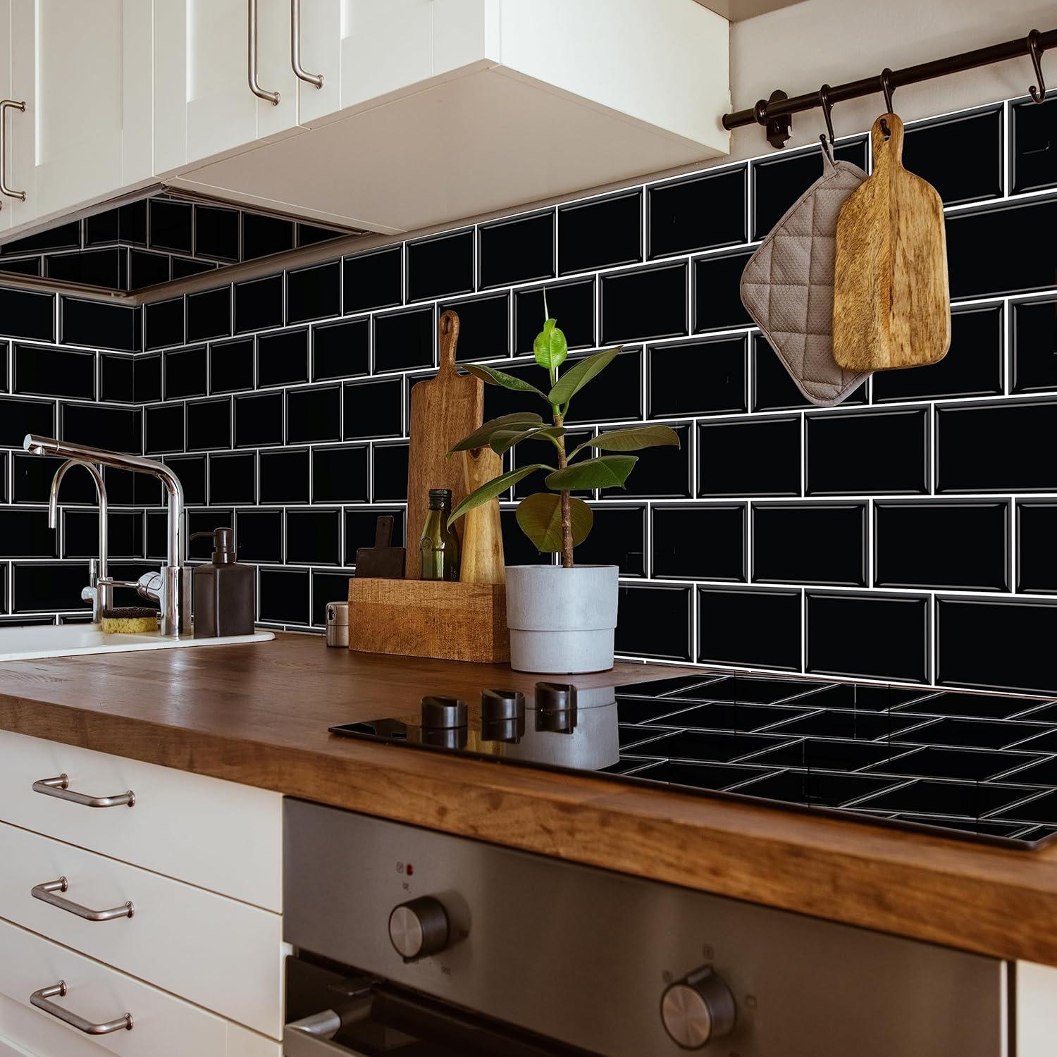 Black Glossy Peel and Stick Subway Tile Stickers