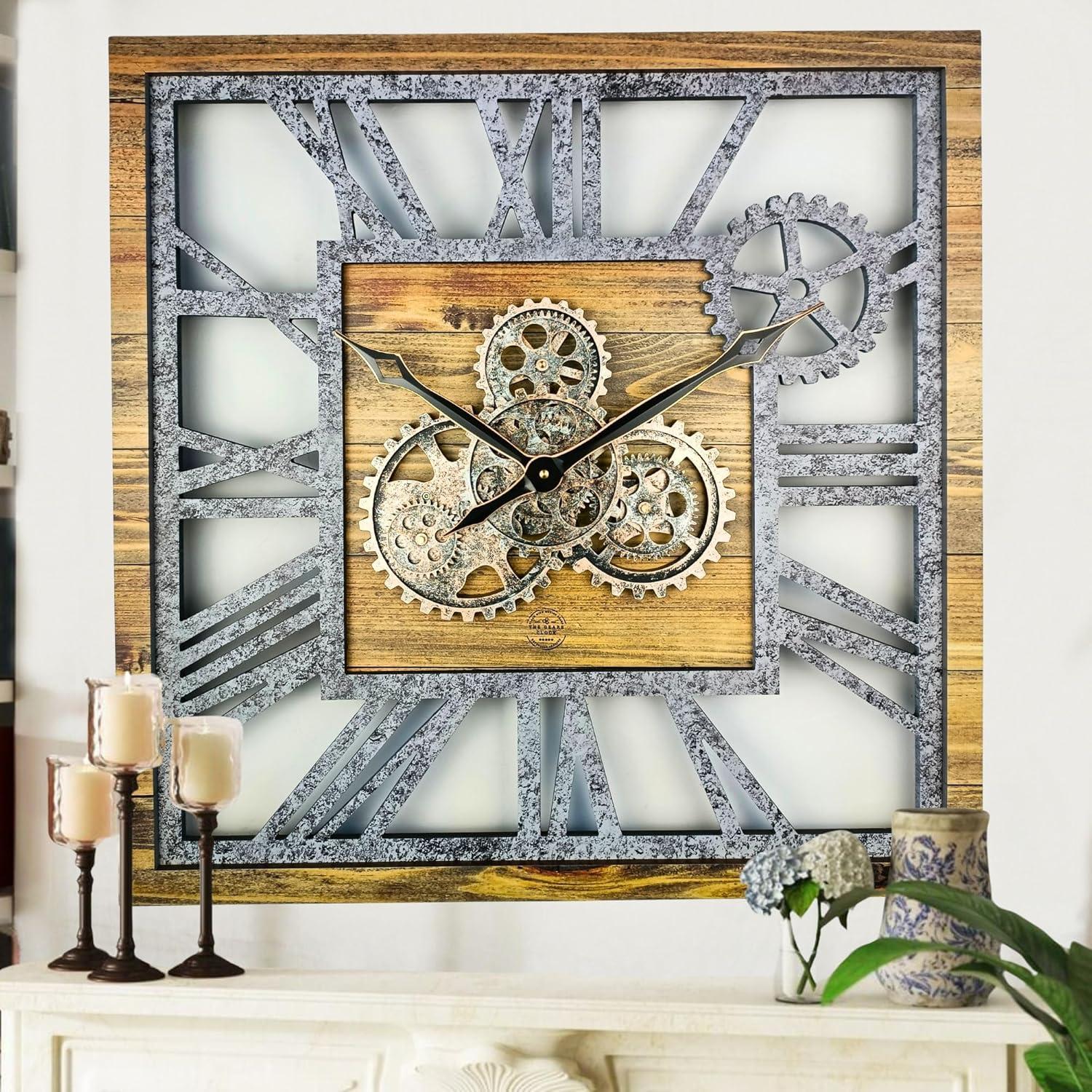 Wall Clock 24" Square Oversized for Living Room decor with Real Moving Gears America Collection