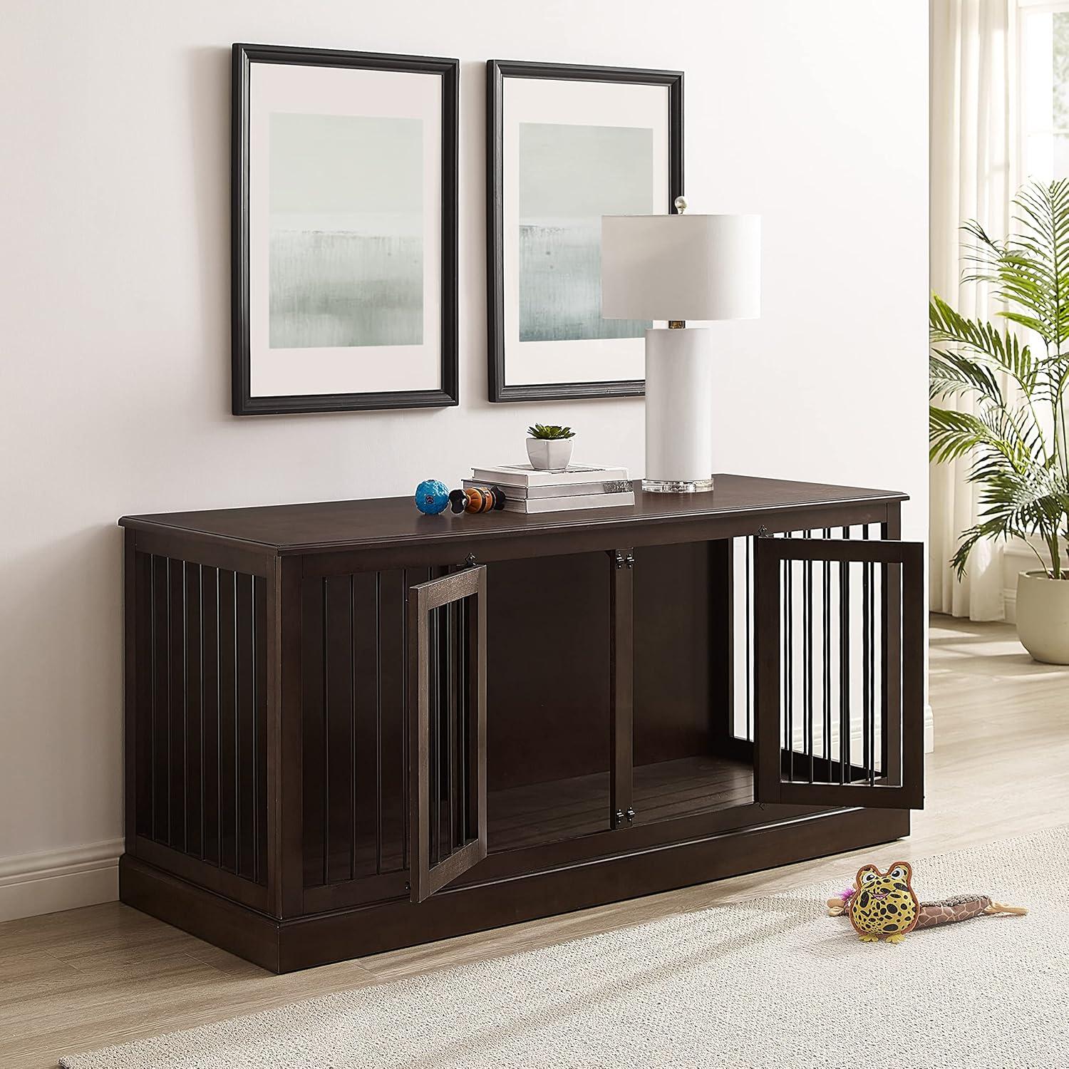 Winslow Large Dark Brown Wood and Steel Pet Crate Credenza