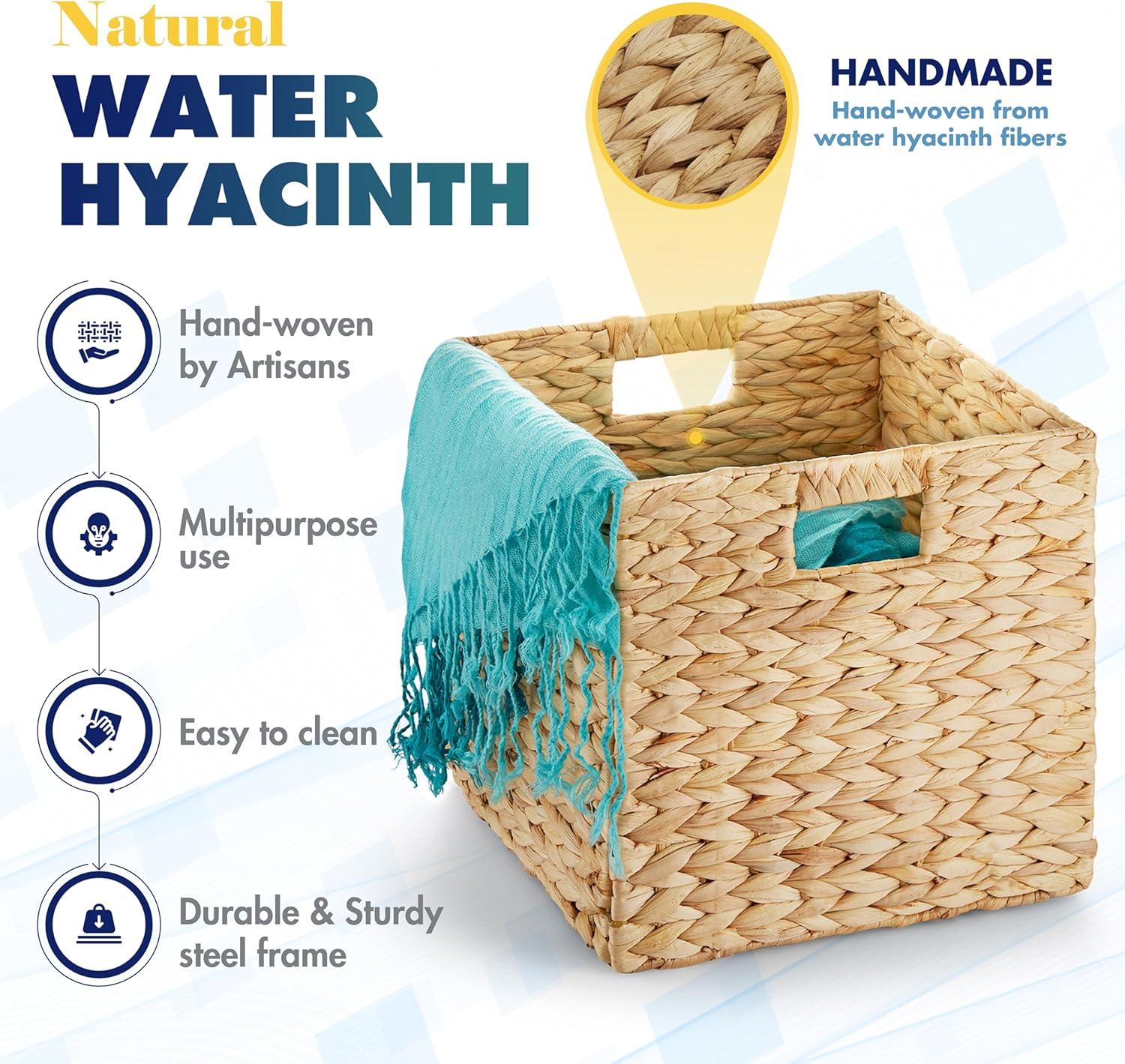 BLUEWEST Water Hyacinth Storage Basket (Set of 4) Woven Hyacinth Storage Basket, Laundry Water Hyacinth Bin for Organizing with Carrying Handles, Rattan for Shelves