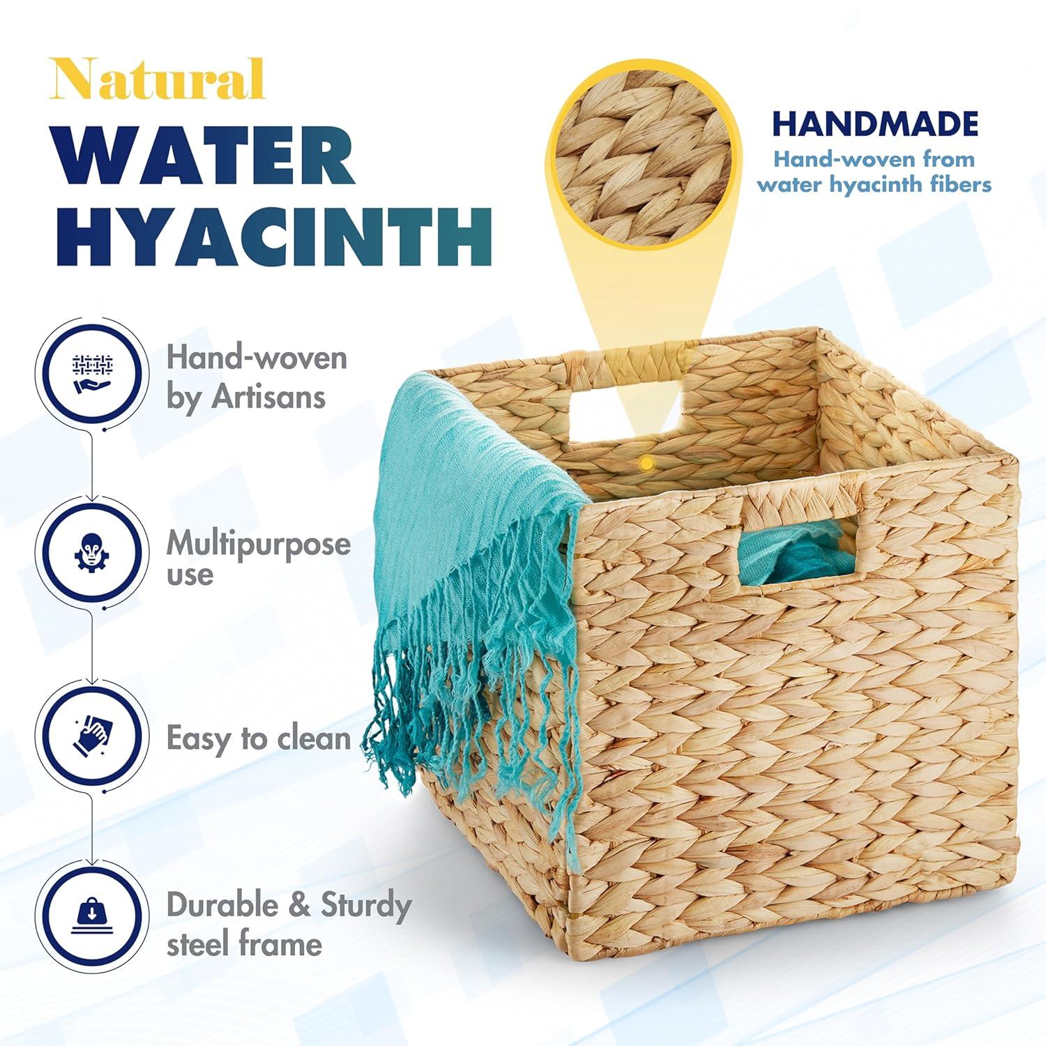 BLUEWEST Water Hyacinth Storage Basket (Set of 4) Woven Hyacinth Storage Basket, Laundry Water Hyacinth Bin for Organizing with Carrying Handles, Rattan for Shelves