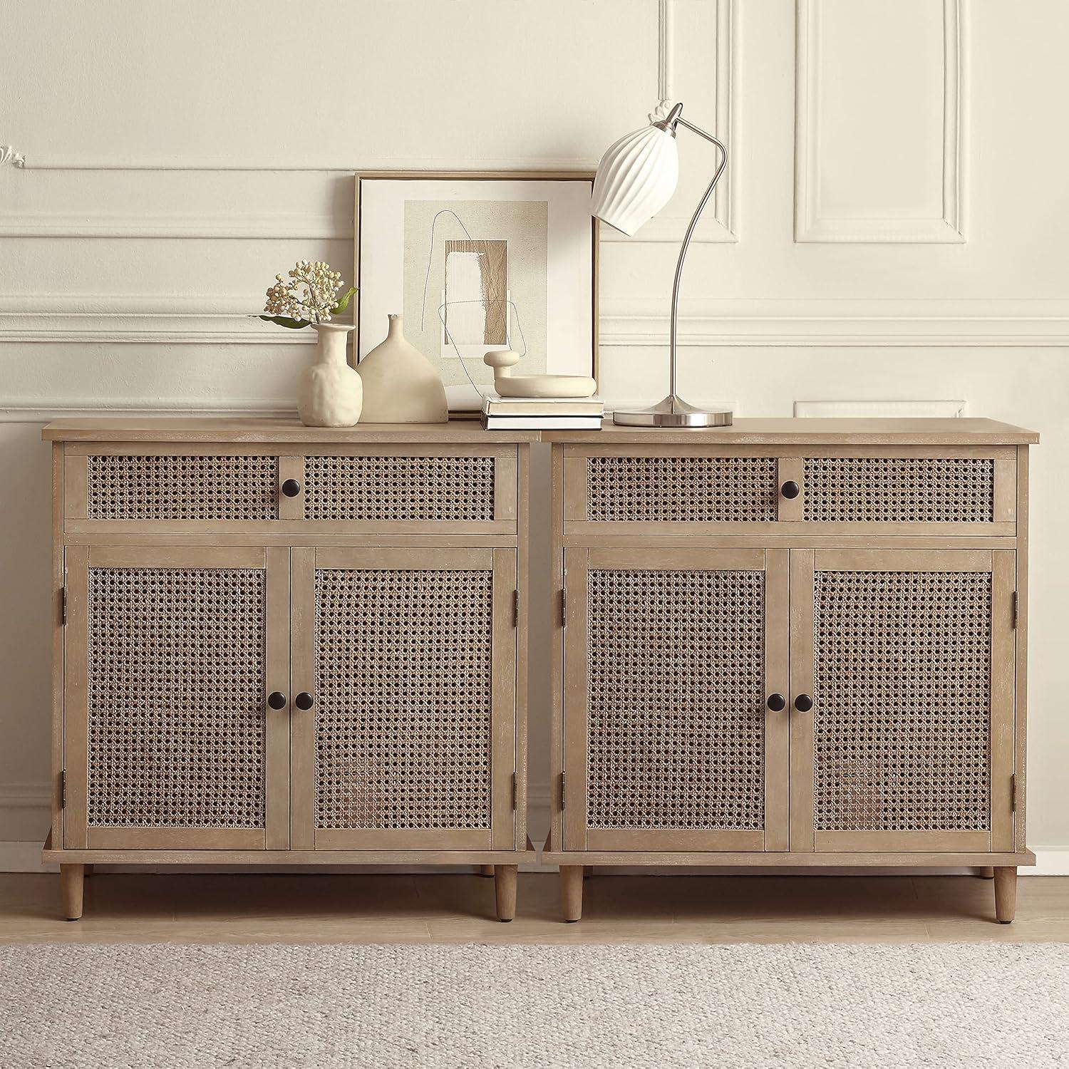 Art Leon Rustic Storage Cabinet with 2-Door&1Drawers Rattan Decoration Wood Finish,Oak Kitchen Console Table,Gray