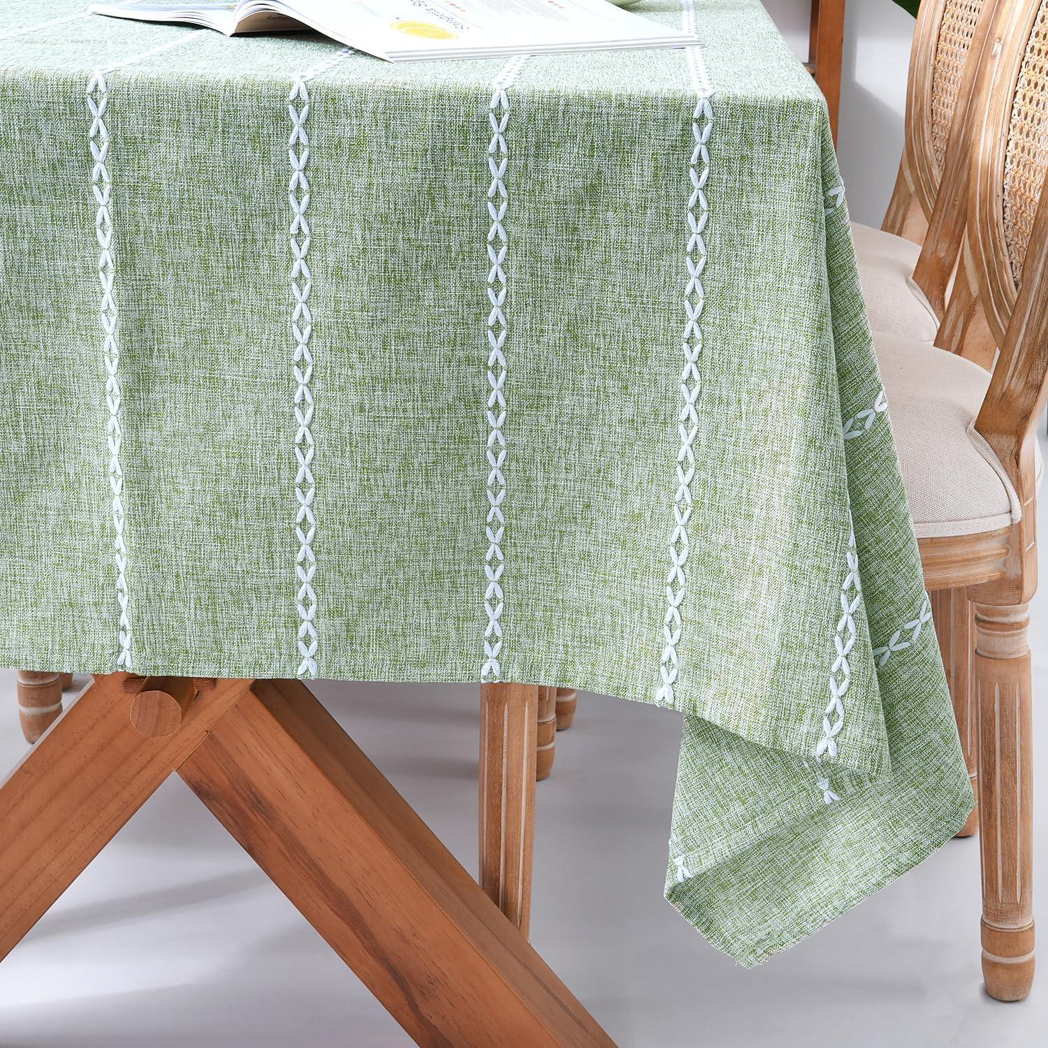 Sage Green Embroidered Cotton Linen Rectangular Tablecloth