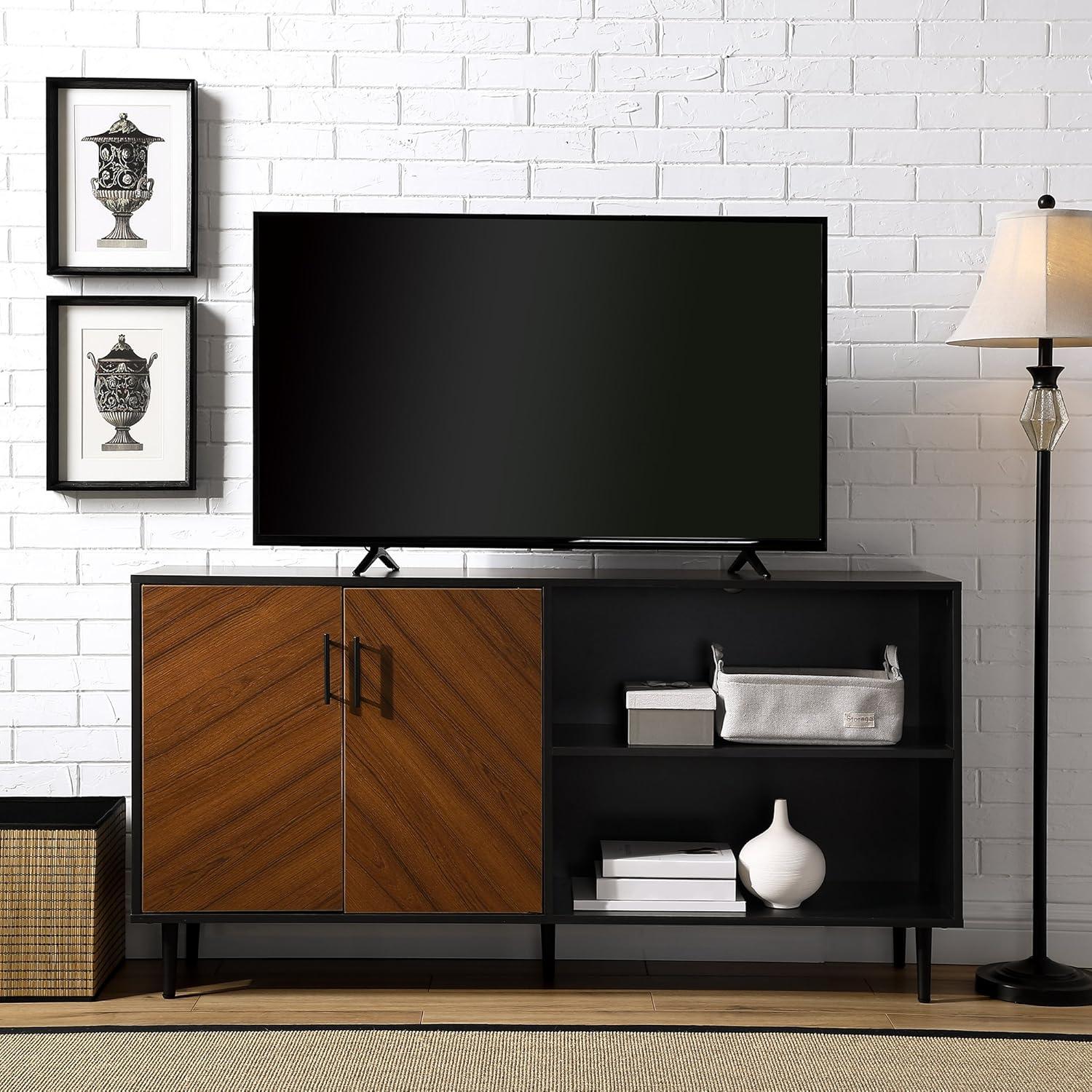 Walker Edison Caye Modern 2-Door-Bookmatch Asymmetrical Console for-TVs up to 65 Inches, 58 Inch, Solid Black