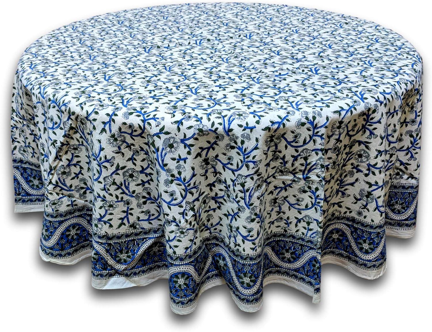 Blue Floral Hand Block Print Cotton Round Tablecloth