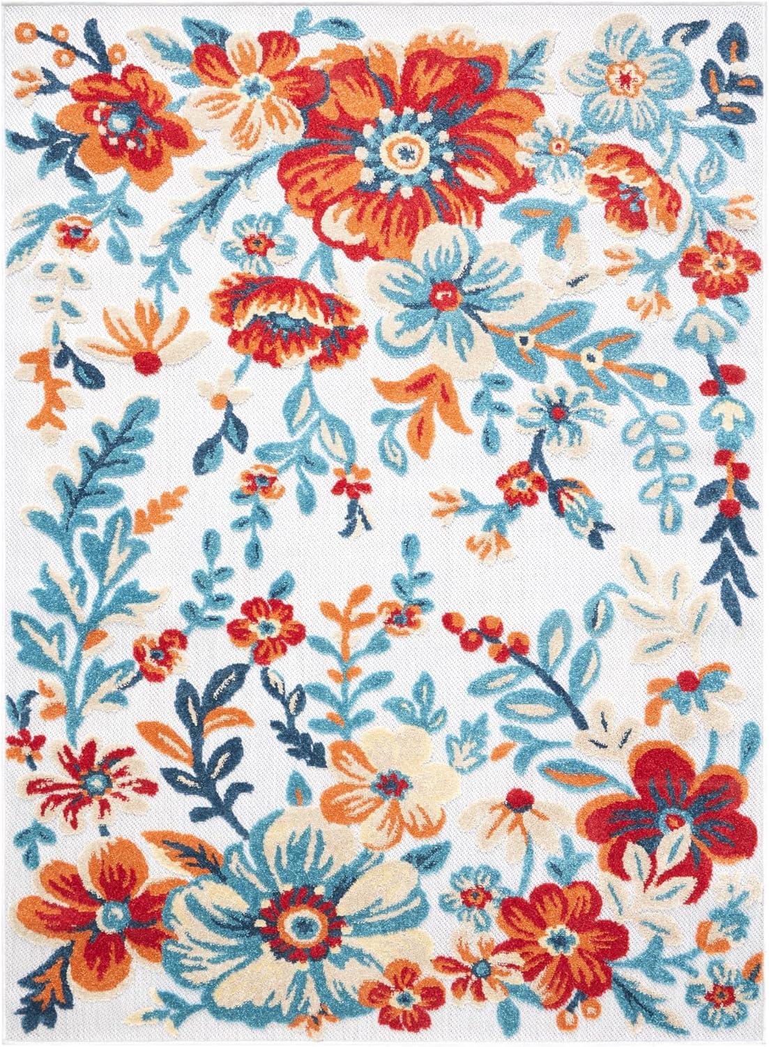 TOWN & COUNTRY EVERYDAY Hibiscus Bloom Modern Floral Indoor Outdoor Area Rug, UV Fade Resistant, High-Low Pile, Ivory/Red/Blue, 7'10"x10'2"