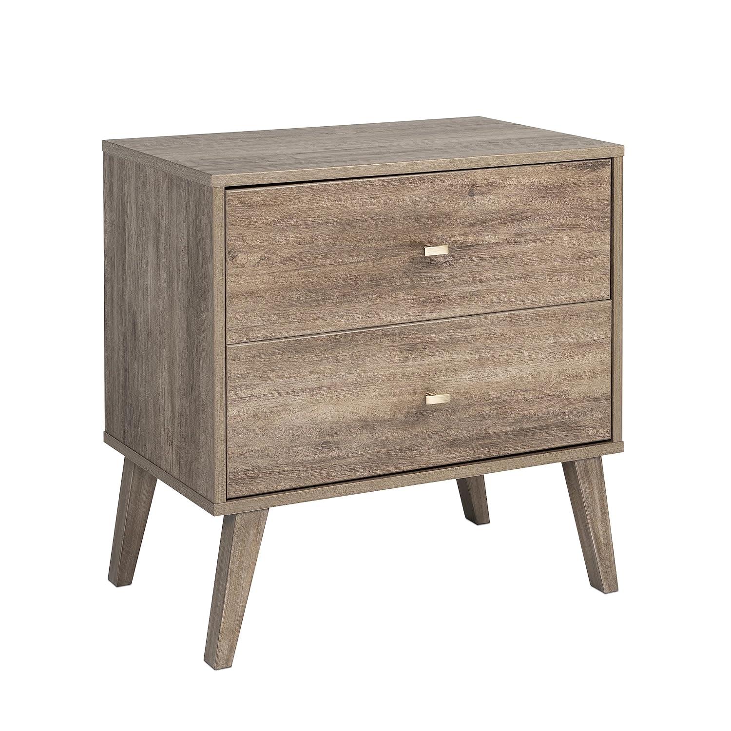 Prepac Mid Century Modern 2 Drawer Wide Nightstand Drifted Gray : Rubberwood Construction, Rectangle Shape, 25" Height
