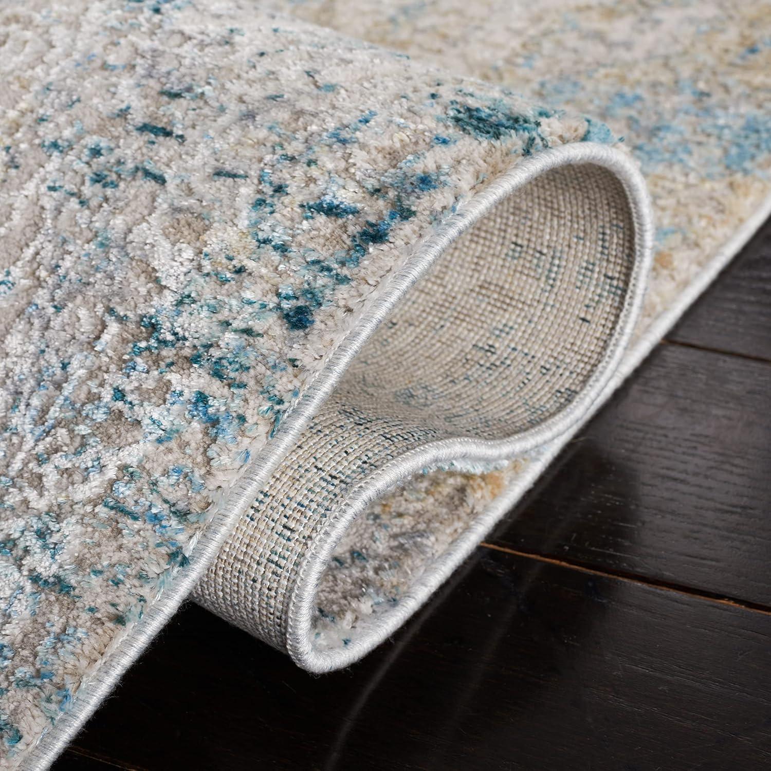 Gray and Blue Hand-Knotted Wool and Viscose Runner Rug