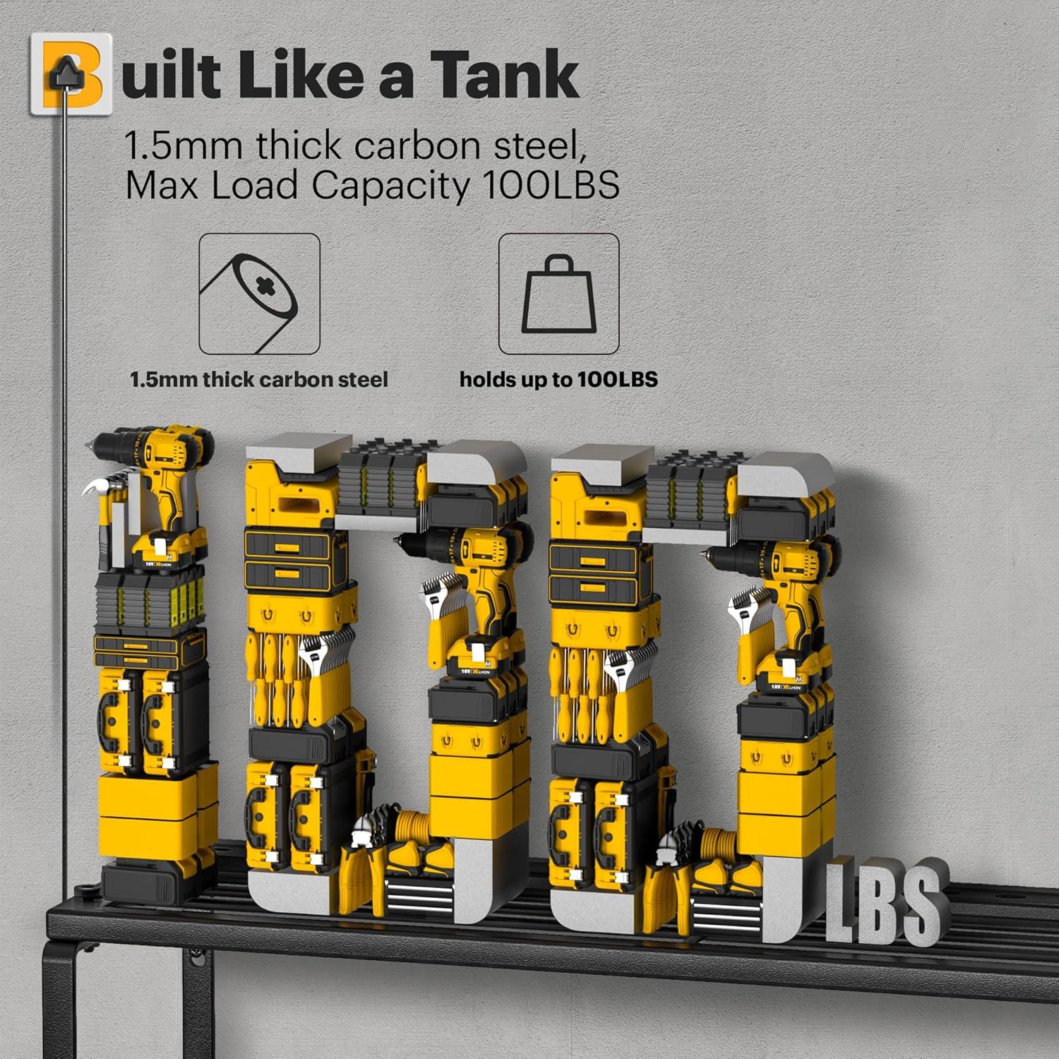 Spampur Power Tool Organizer Wall Mount with Charging Station, Garage Tool Shelf 6 Drill Holders, Tool Battery Holder with Plier holder Heavy Duty Rack, Tool Storage Rack with 4 Outlet Power Strip