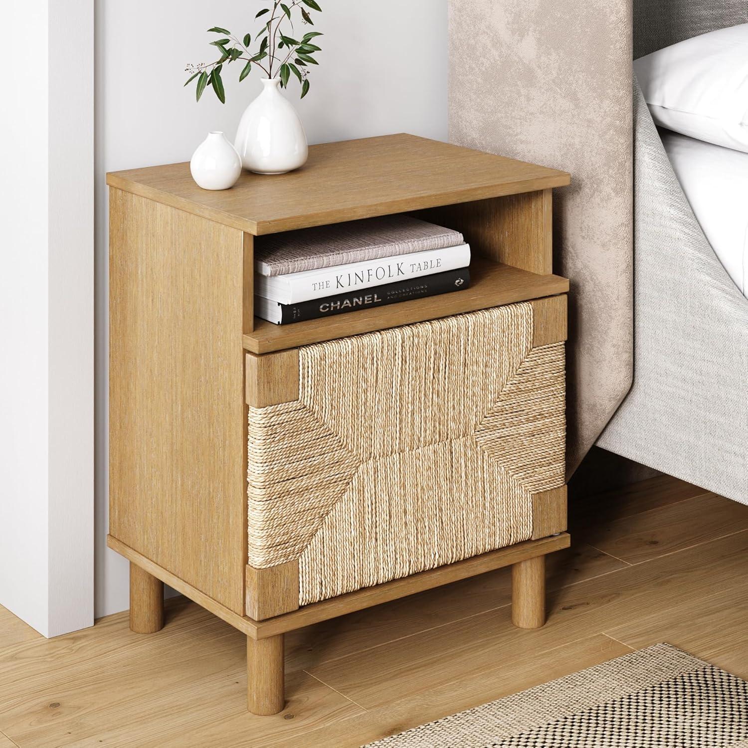 Beacon Light Brown Wood and Seagrass Nightstand