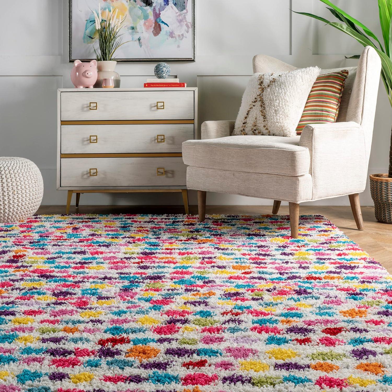 Radiant Rainbow Polka Dot 9' x 12' Multicolor Shag Area Rug