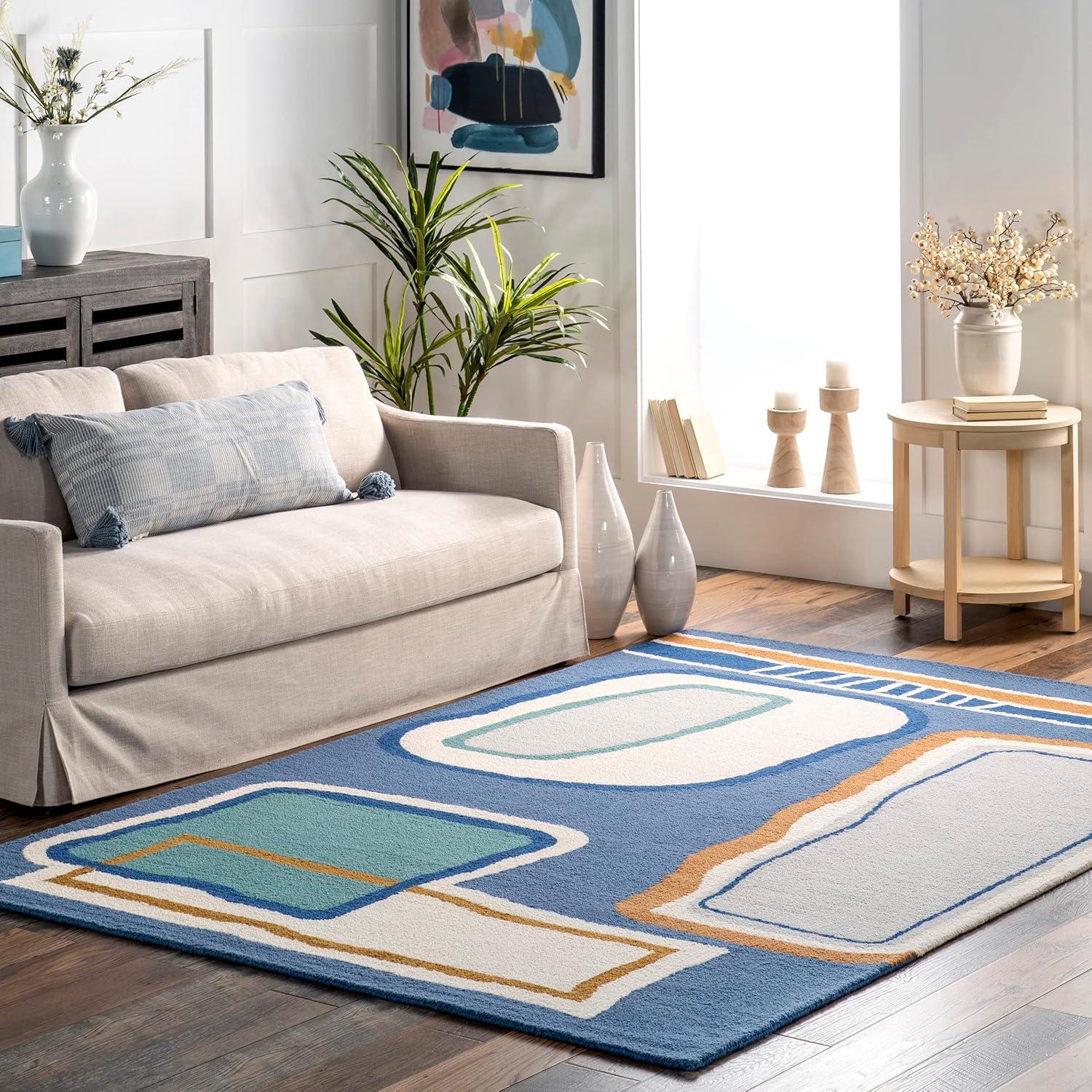 Nuloom Terica Abstract 4x6 Wool Indoor Area Rug for Living Room Bedroom Dining Room Kitchen, Blue/Ivory