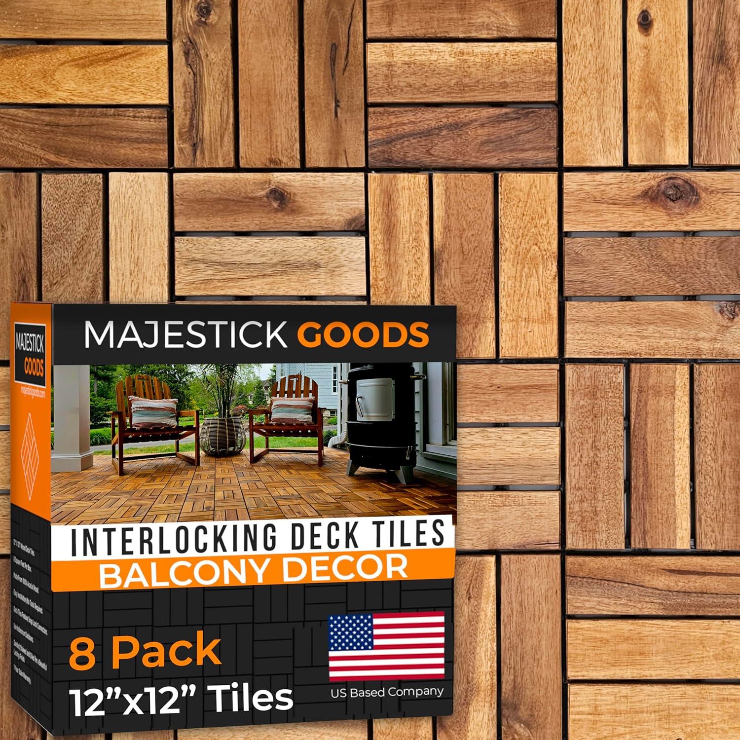 Interlocking Deck Tiles 8 Pack - Snap Together Wood Flooring | 12 x 12 Acacia Hardwood Outdoor Flooring for Patio | Click Floor Decking Tile, Waterproof Balcony Flooring, Wooden Parquet Flooring