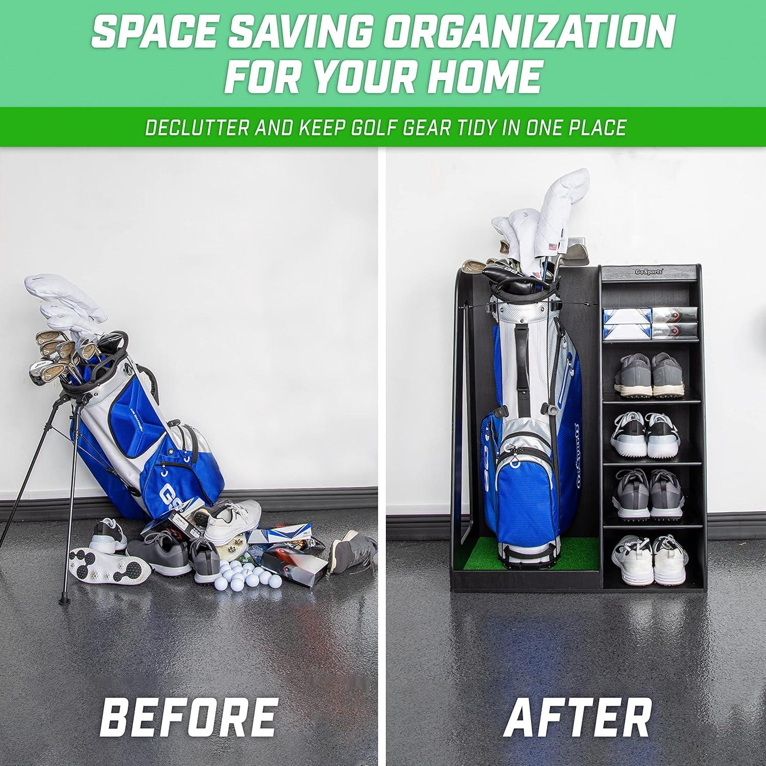 GoSports Premium Wooden Freestanding Golf Bag Organizer and Storage Rack