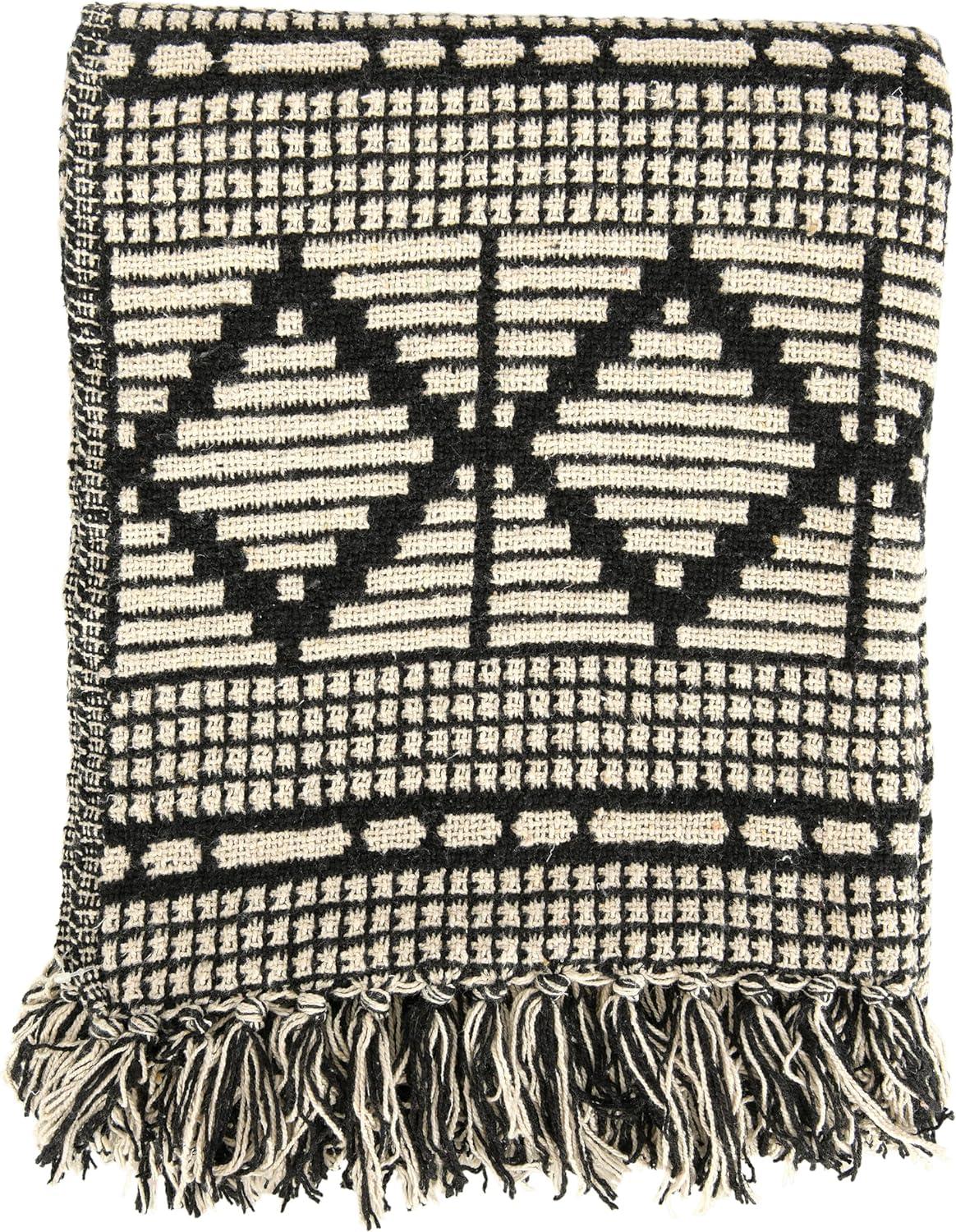 Bloomingville Black & Beige Woven Cotton Blend Blanket with Fringe Throw, Black