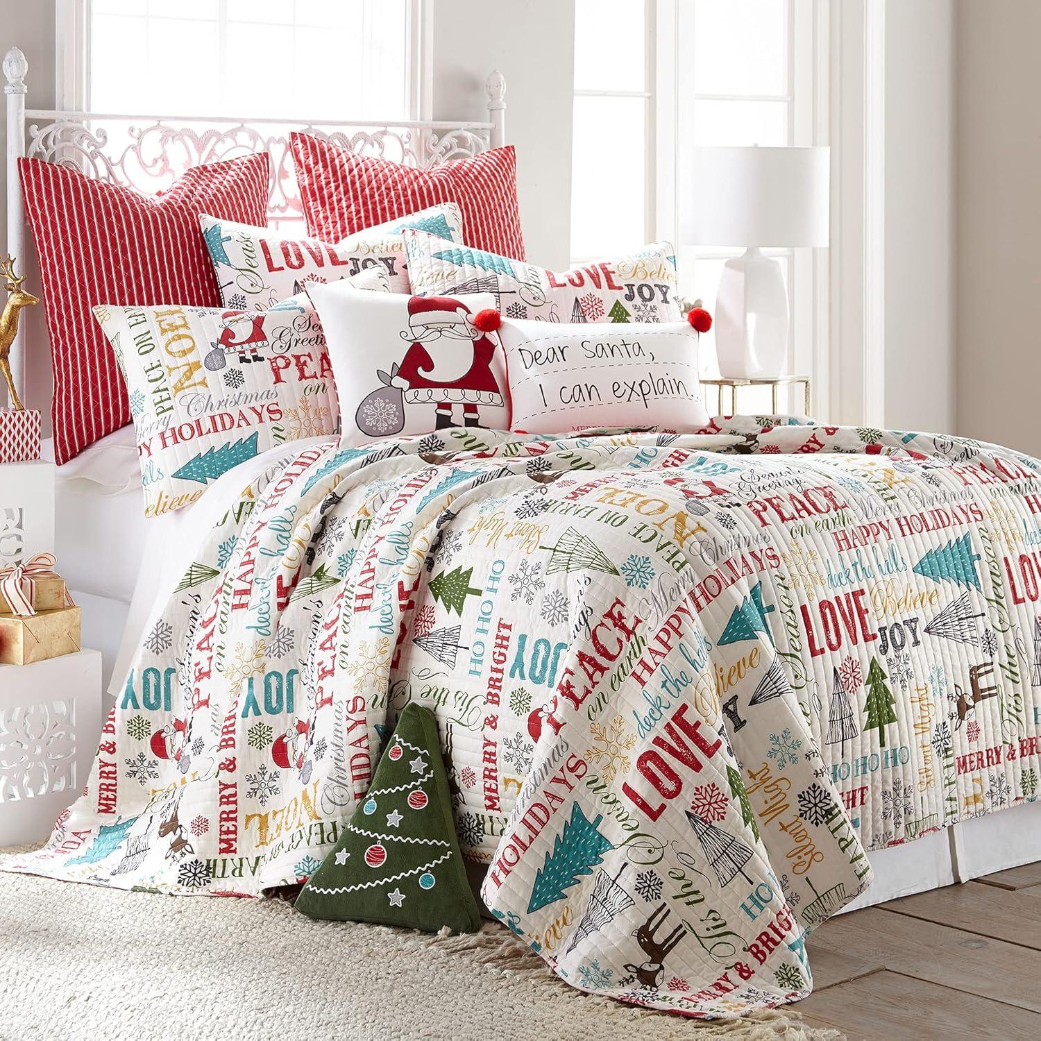 Santa Claus Lane Holiday Quilt Set - One King Quilt and Two King Pillow Shams White - Levtex Home