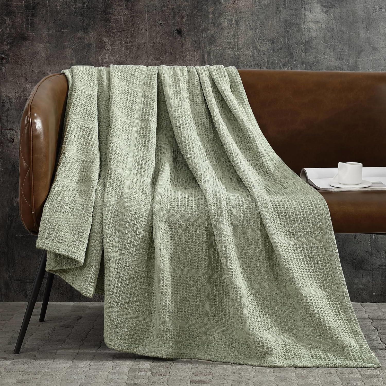 King Green Cotton Waffle Weave Lightweight Blanket Set