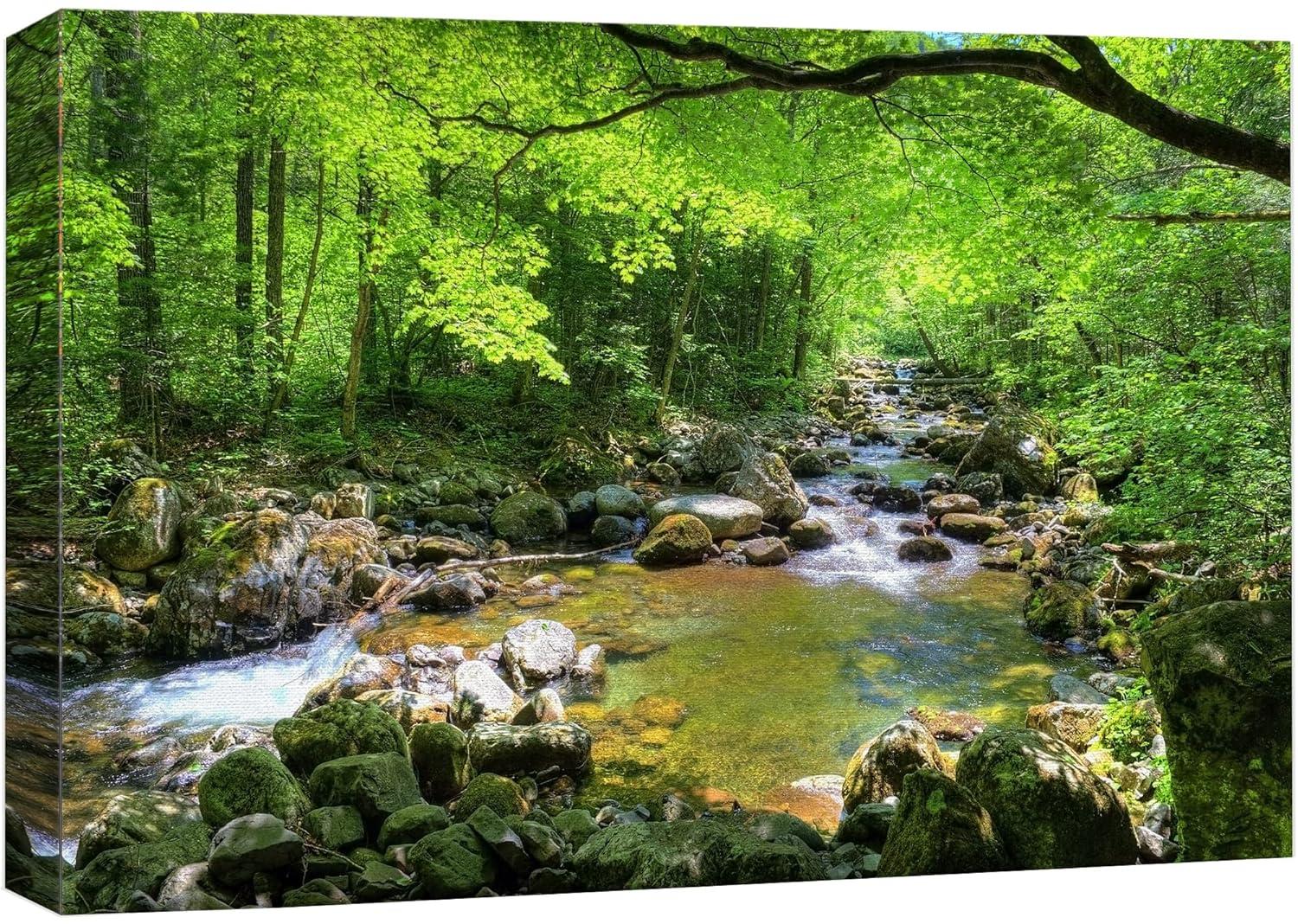 wall26 Canvas Print Wall Art River Through The Green Forest Nature Wilderness Photography Modern Art Rustic Scenic Colorful Multicolor for Living Room, Bedroom, Office - 16"x24"