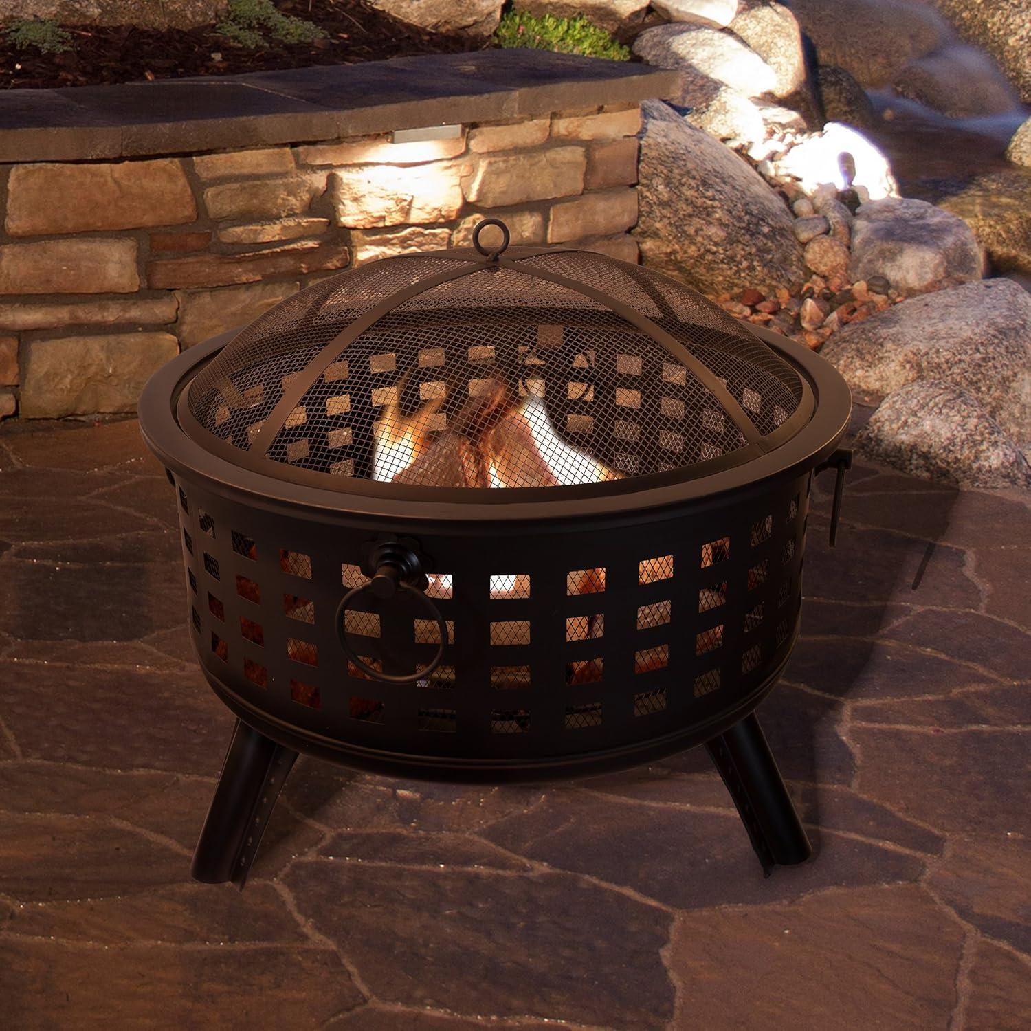 Pure Garden 26in Round Lattice Outdoor Fire Pit - Wood Burning Firepit