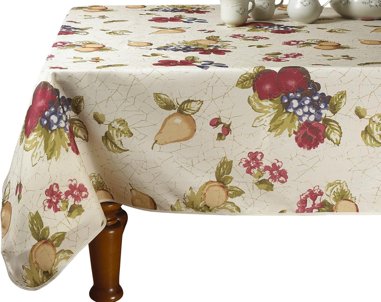 Vintage Beige Round Floral Fruit Print Fabric Tablecloth