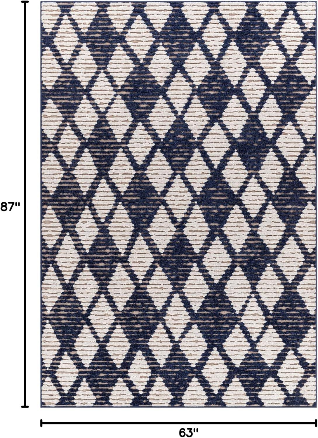 Blue and White Rectangular Reversible Outdoor Rug, 5'3" x 7'3"