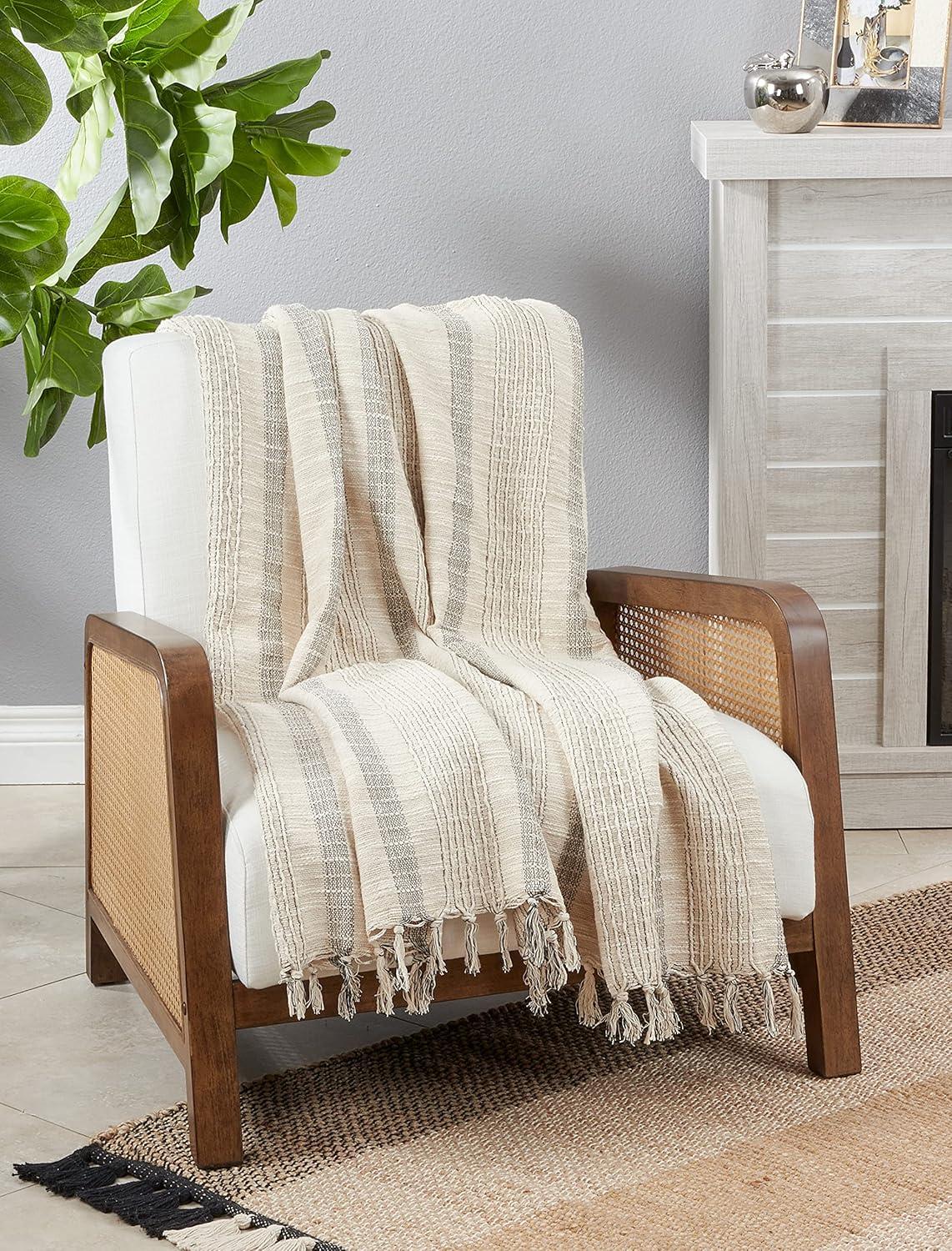 Saro Lifestyle Saro Lifestyle Woven Throw Blanket With Striped Design, Ivory, 50"x60"