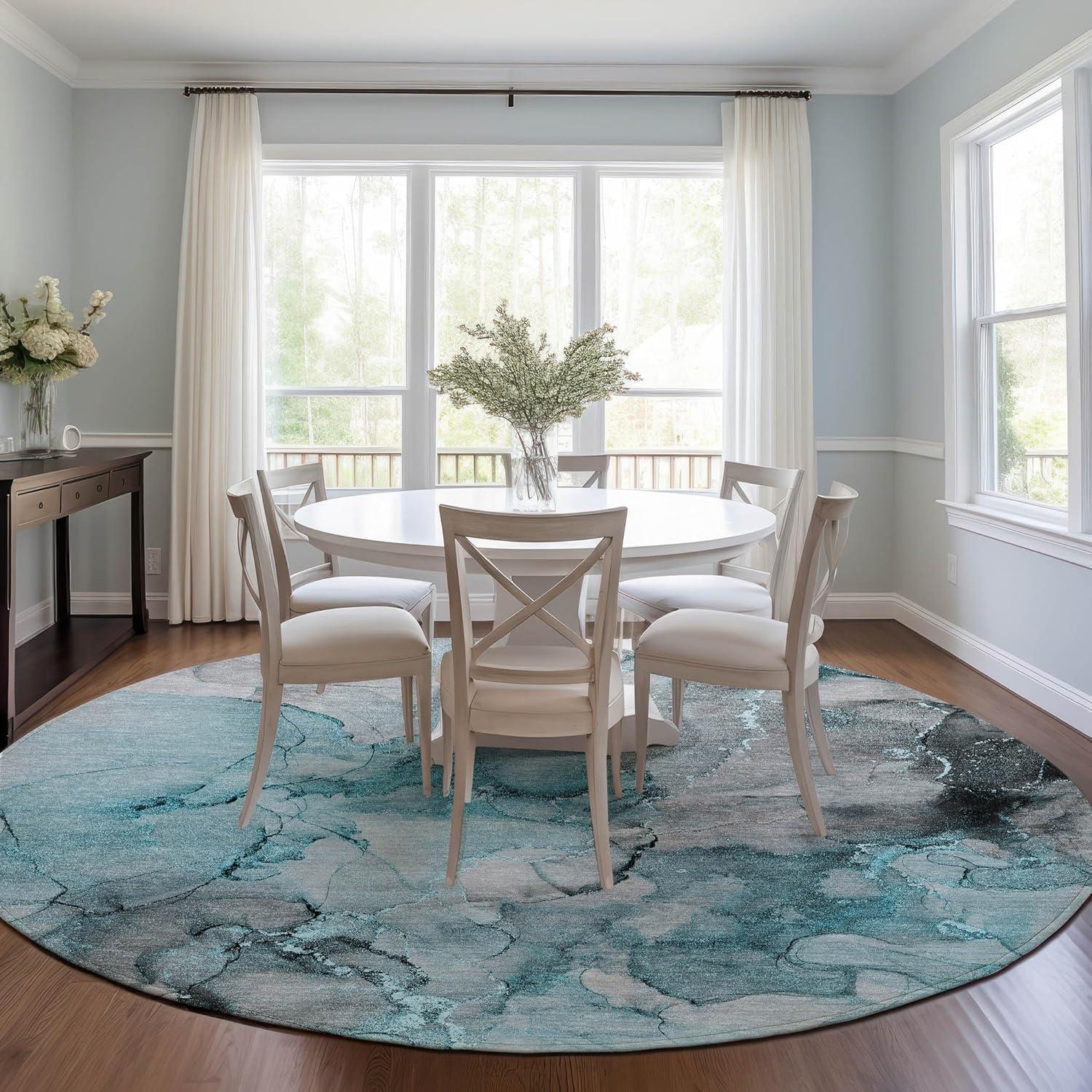 Teal and Gray Round Machine Washable Area Rug