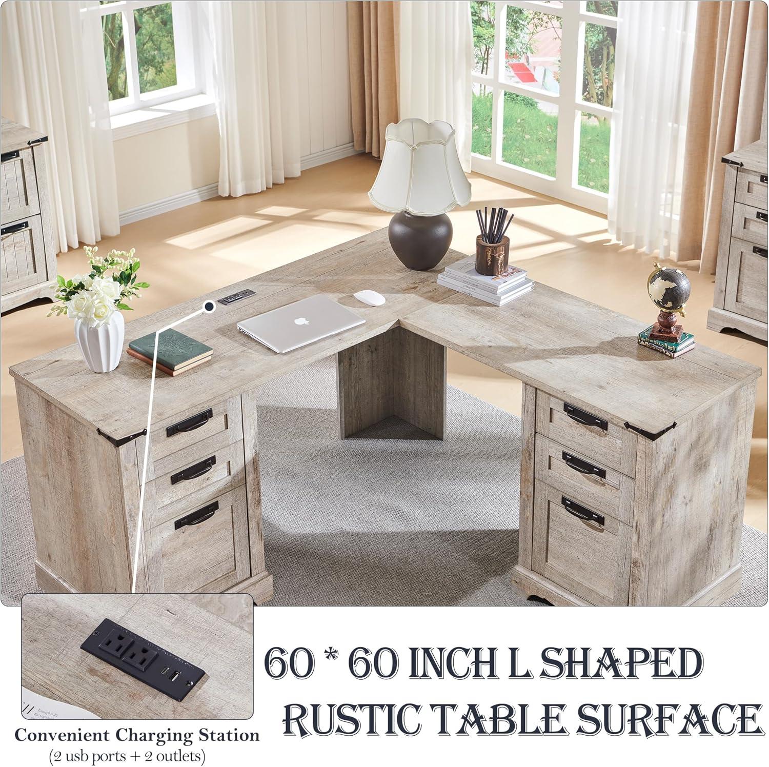 RedLemon 60" Farmhouse L Shaped Desk with Drawers, Wood Home Office Corner Executive Desk with Charging Station, File Drawer, Storage Cabinet, Rustic Computer Writing Desk (Light Rustic Oak)