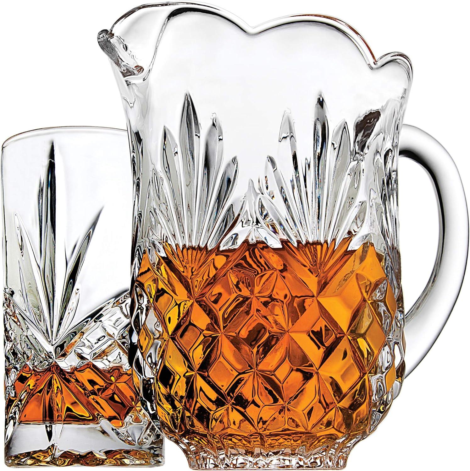 Godinger Silver 5pc Dublin Crystal Pitcher and Highball Set: Hand Wash, Clear Crystal, Service for 4, Hot/Cold Beverages