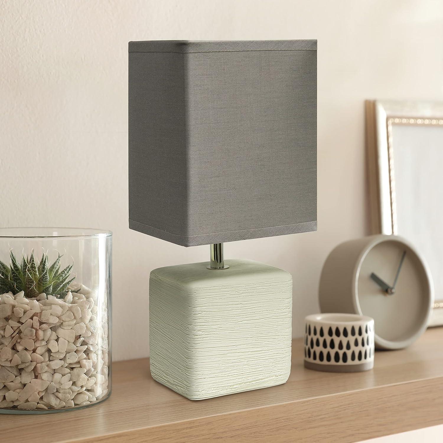 Petite Off White Faux Stone Ceramic Table Lamp with Gray Shade