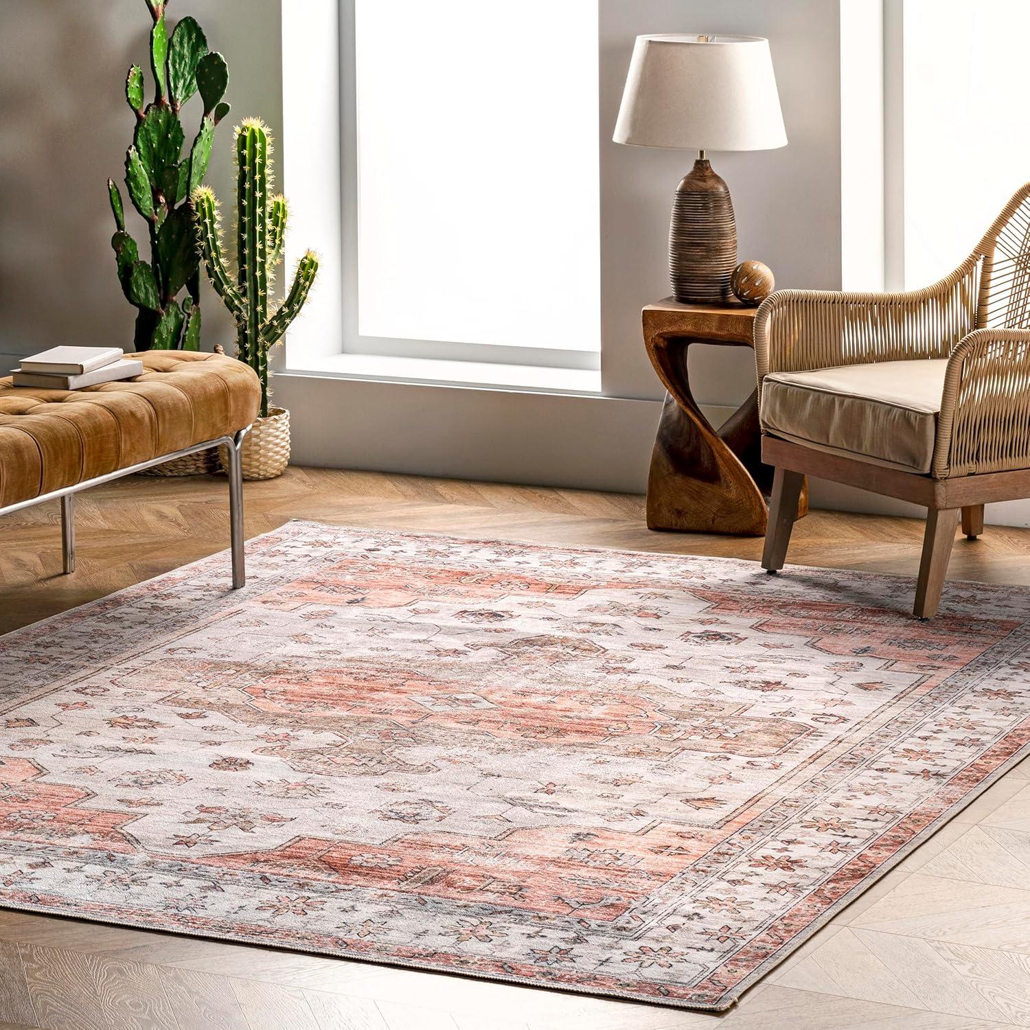 Beige Vintage Medallion Machine Washable Area Rug