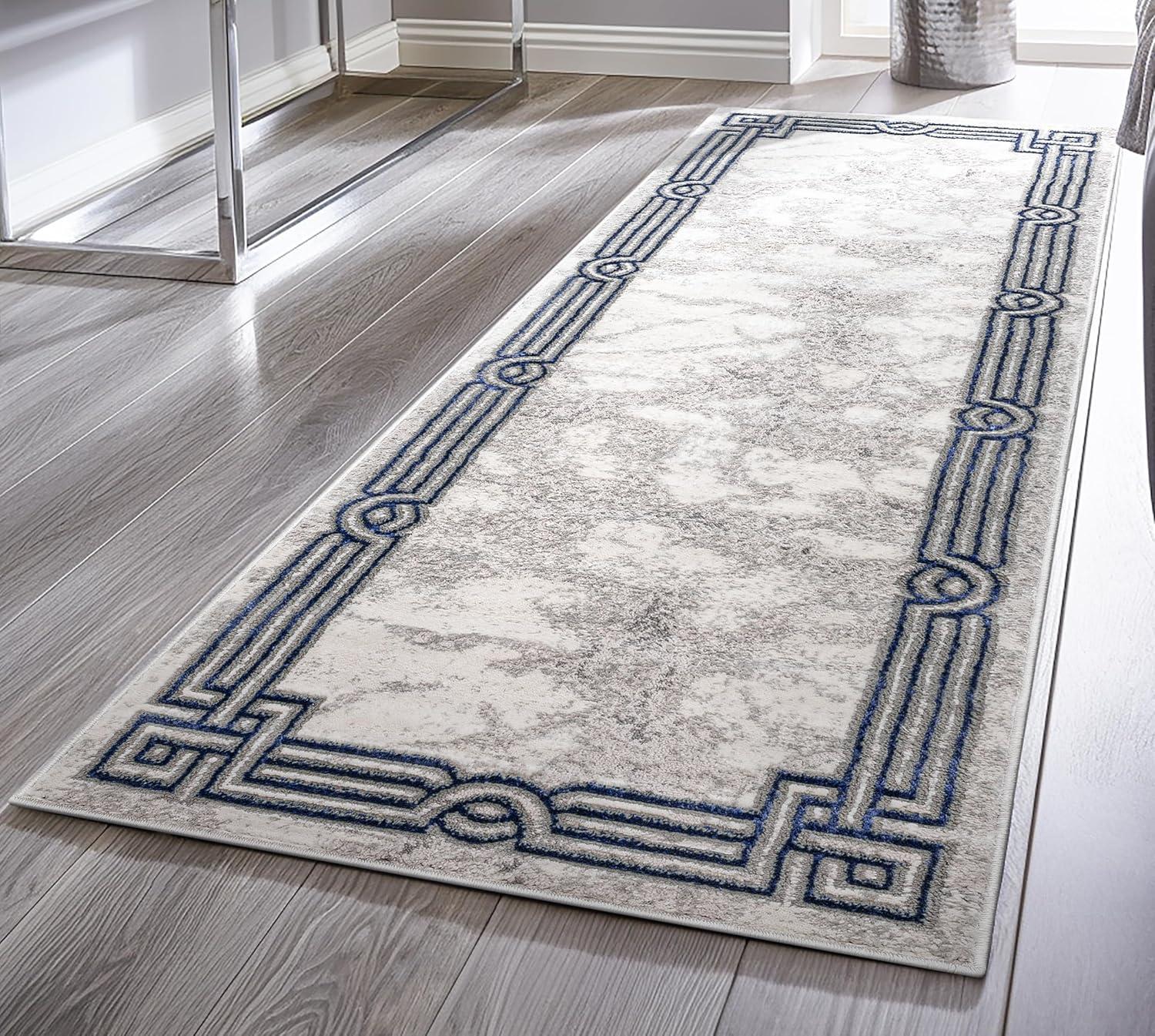 Well Woven Lezlee Abstract Modern 2'7" x 9'10" Runner Rug - Blue Marble Border - for Hallway, Entryway, Stair