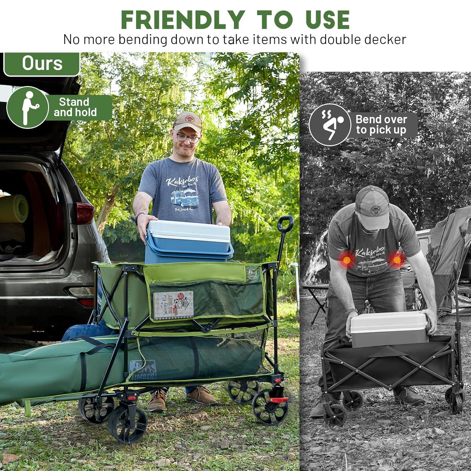 TIMBER RIDGE 400L Large Capacity Folding Double Decker Wagon with Brakes, 54" Extra Long Extender Wagon Cart, 450lbs Heavy Duty Collapsible Cart, All-Terrain Big Wheels for Camping, Sports, Shopping