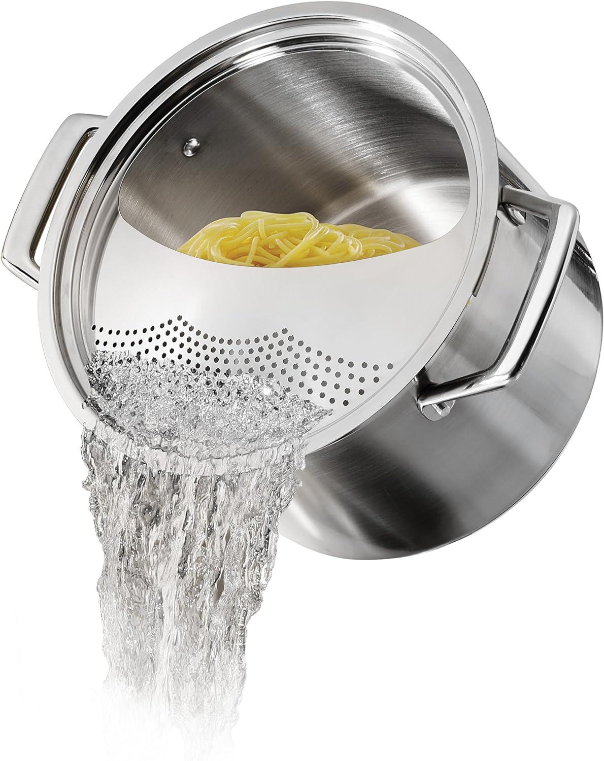 Polished Stainless Steel 8-Quart Pasta Cooker with Glass Lid