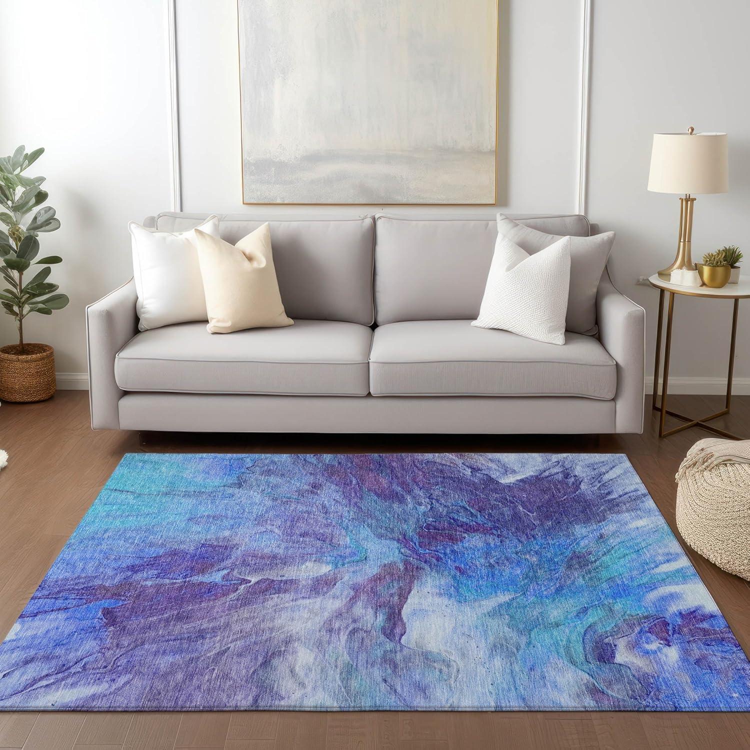 Blue Abstract Washable Synthetic 3' x 5' Area Rug