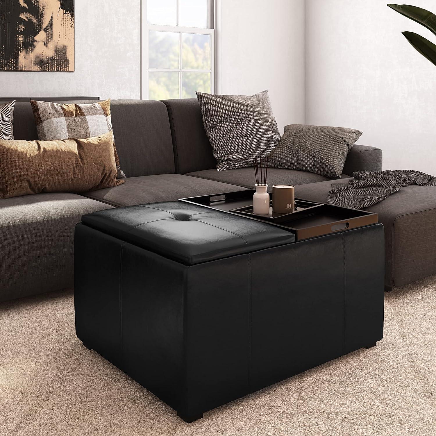 Midnight Black Tufted Faux Air Leather Cocktail Ottoman with Tray