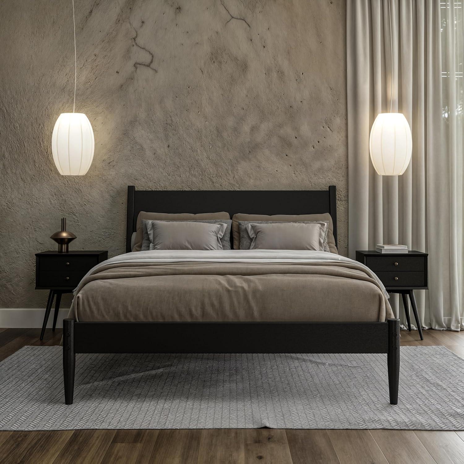 Camaflexi Mid Century Platform Bed Wood Panel Bed Frame with Headboard, Queen, White