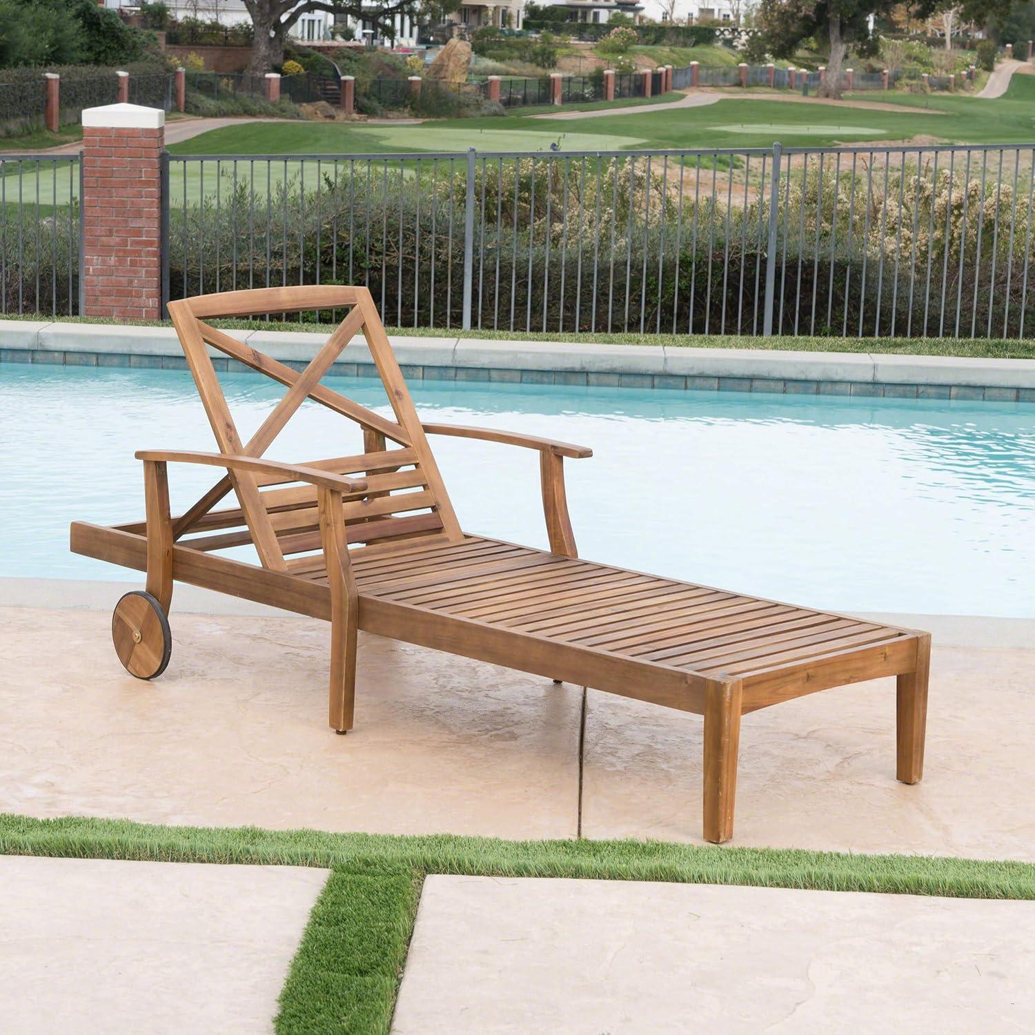 Thalia Outdoor Acacia Wood Chaise Lounge, Teak Finish