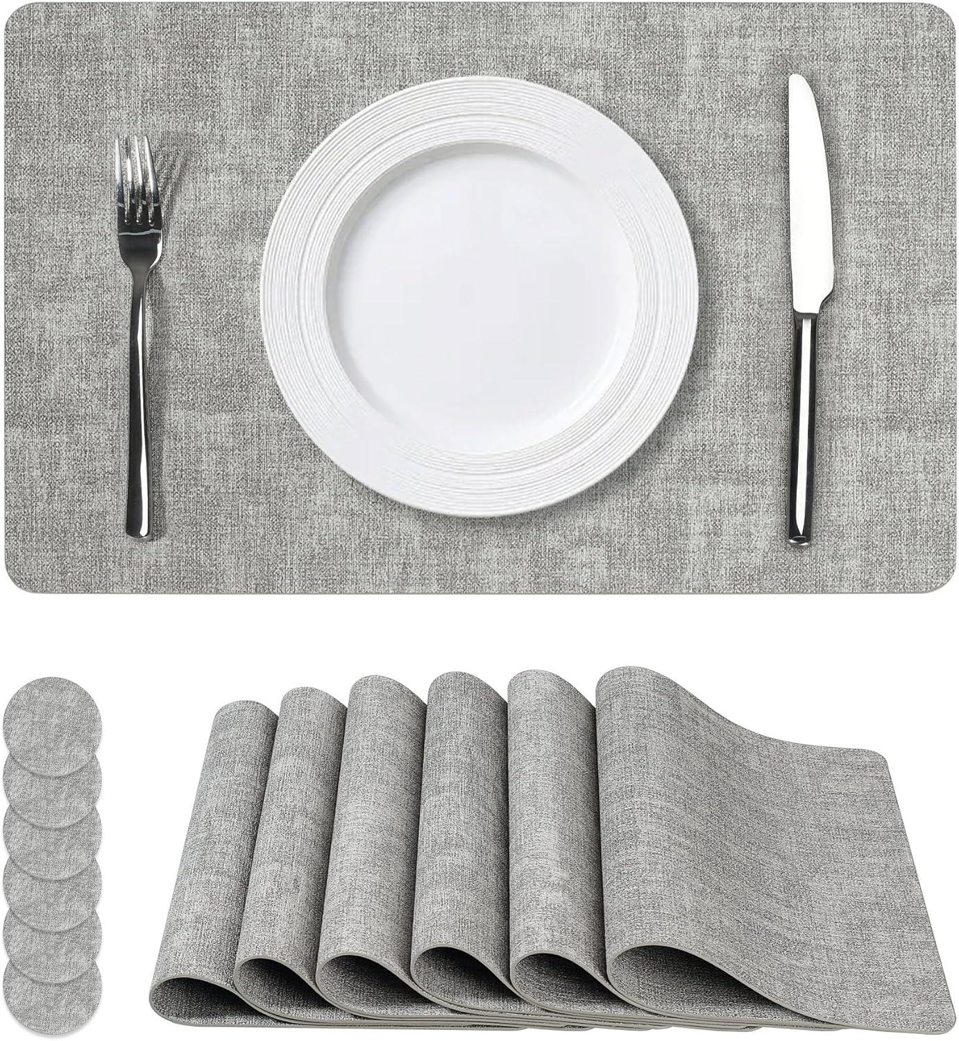 FOCUSLINE Faux Leather Placemats Set of 6, Light Grey Table Place Mats, Waterproof and Non-Slip Dining Table Mats for Indoor & Outdoor Use