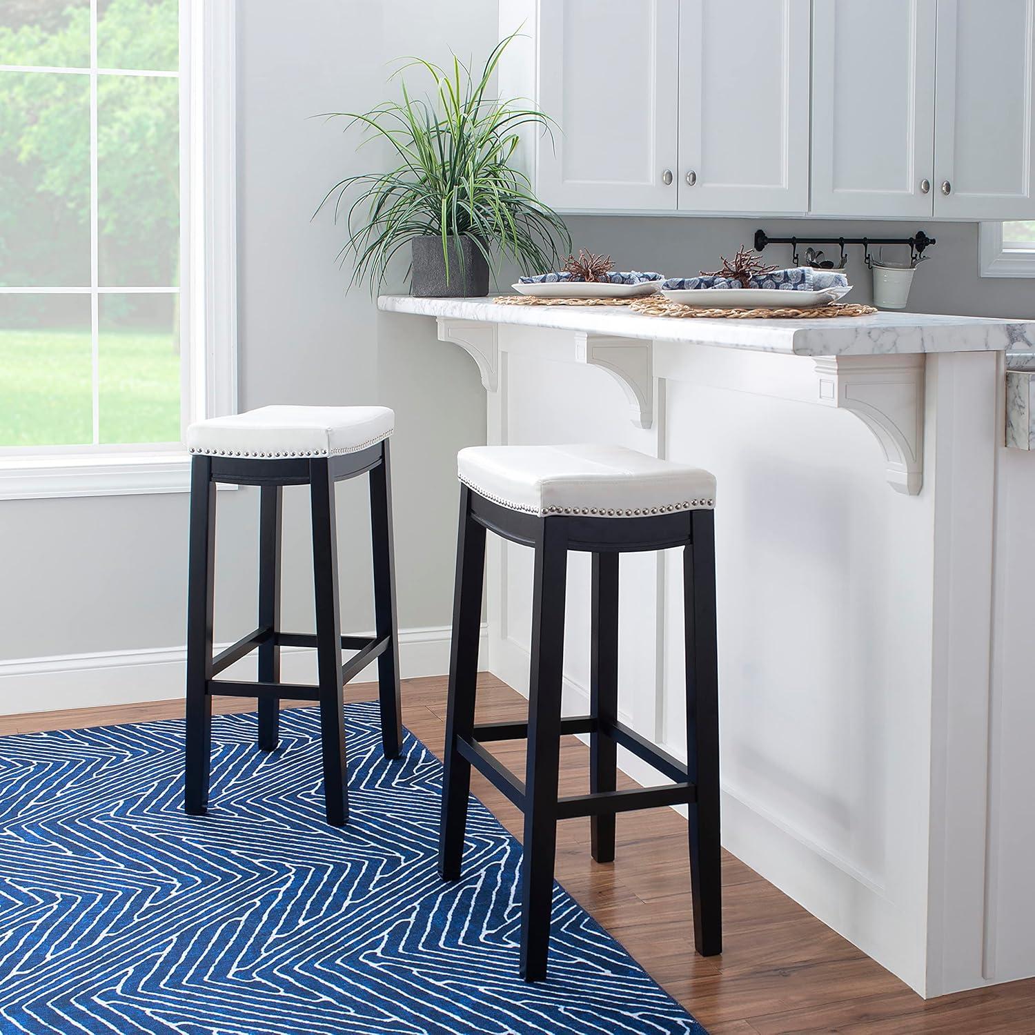 Claridge Backless Faux Leather Nailhead Saddle Barstool White/Black - Linon