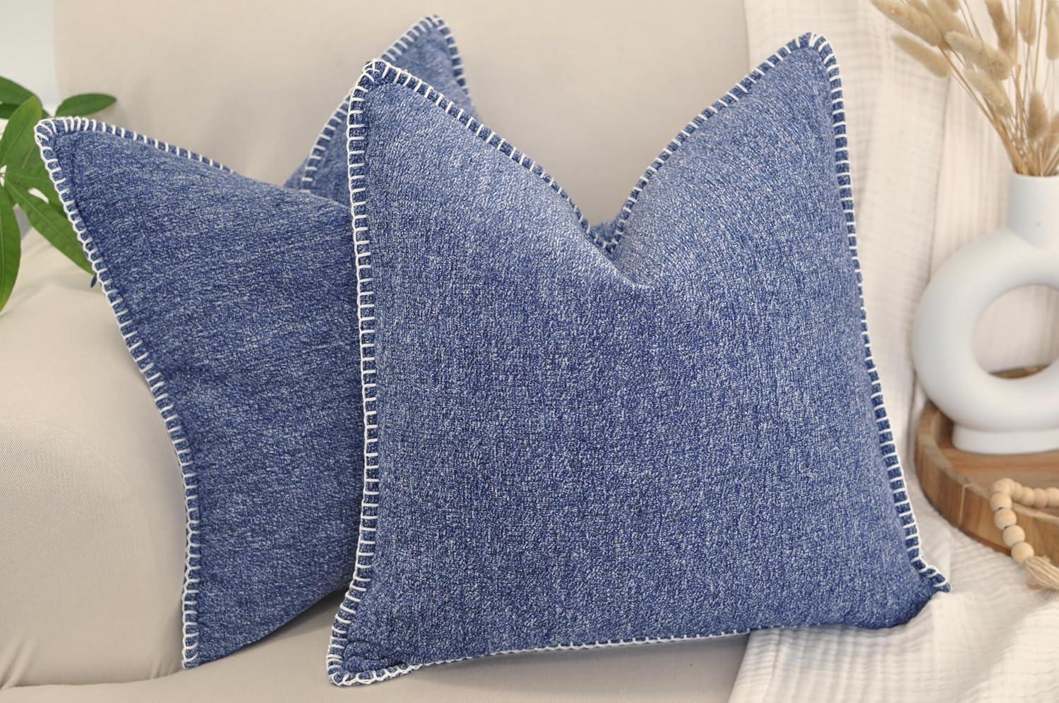 Soft Chenille Throw Pillow Covers With Stitched Edge (Set of 2)