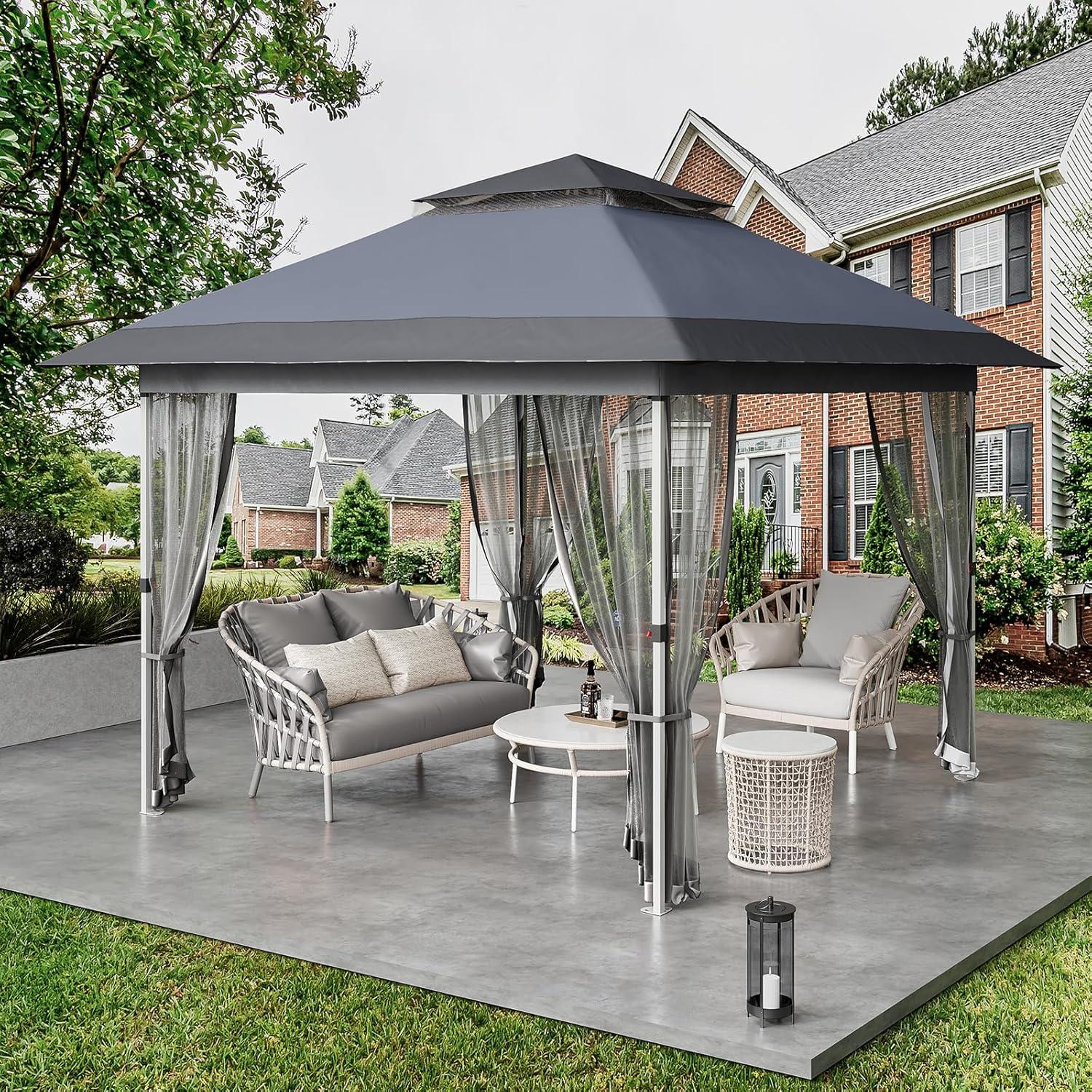 12'x12' Gazebo Outdoor Pop up Canopy Tent with Curtains and 144 Square Shelter for Patio,Backyard Party, with Mosquito Netting, 2-Tiered Vented Top (Gray)