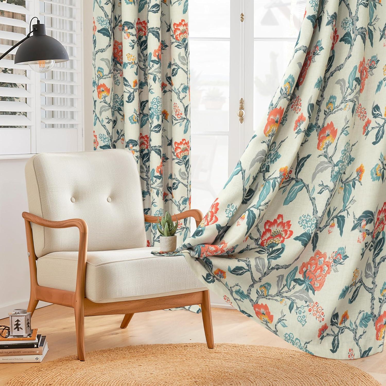 DriftAway Ada Floral Lined Thermal Insulated Room Darkening Blackout Grommet Window Curtains, 2 Panels, 52" x 72", Ivory Orange Teal